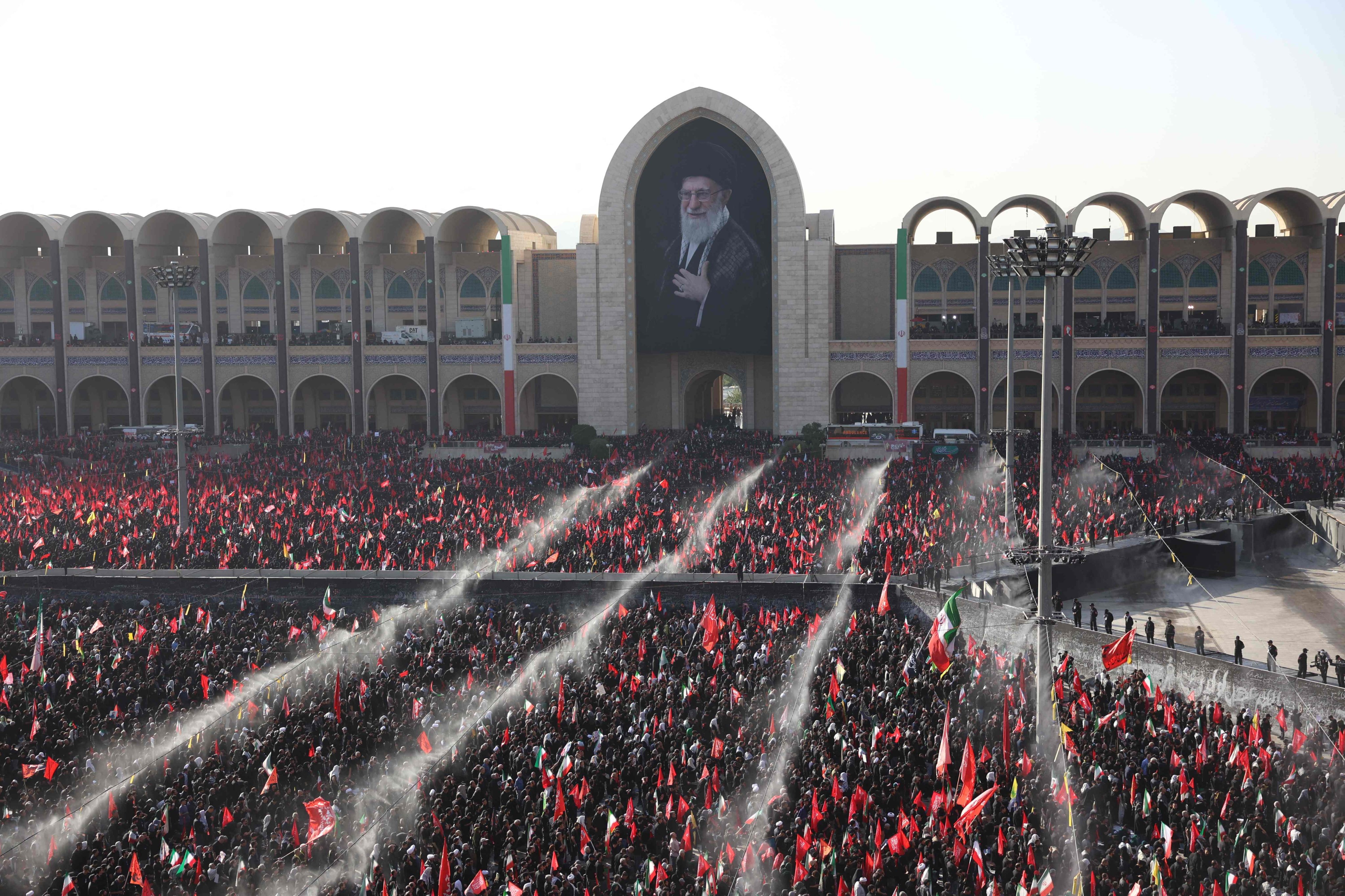 Mourners gather at the Grand Mosalla to pay their respects to Iran’s slain supreme leader Ayatollah Ali Khamenei in Tehran on Sunday. Photo: AFP