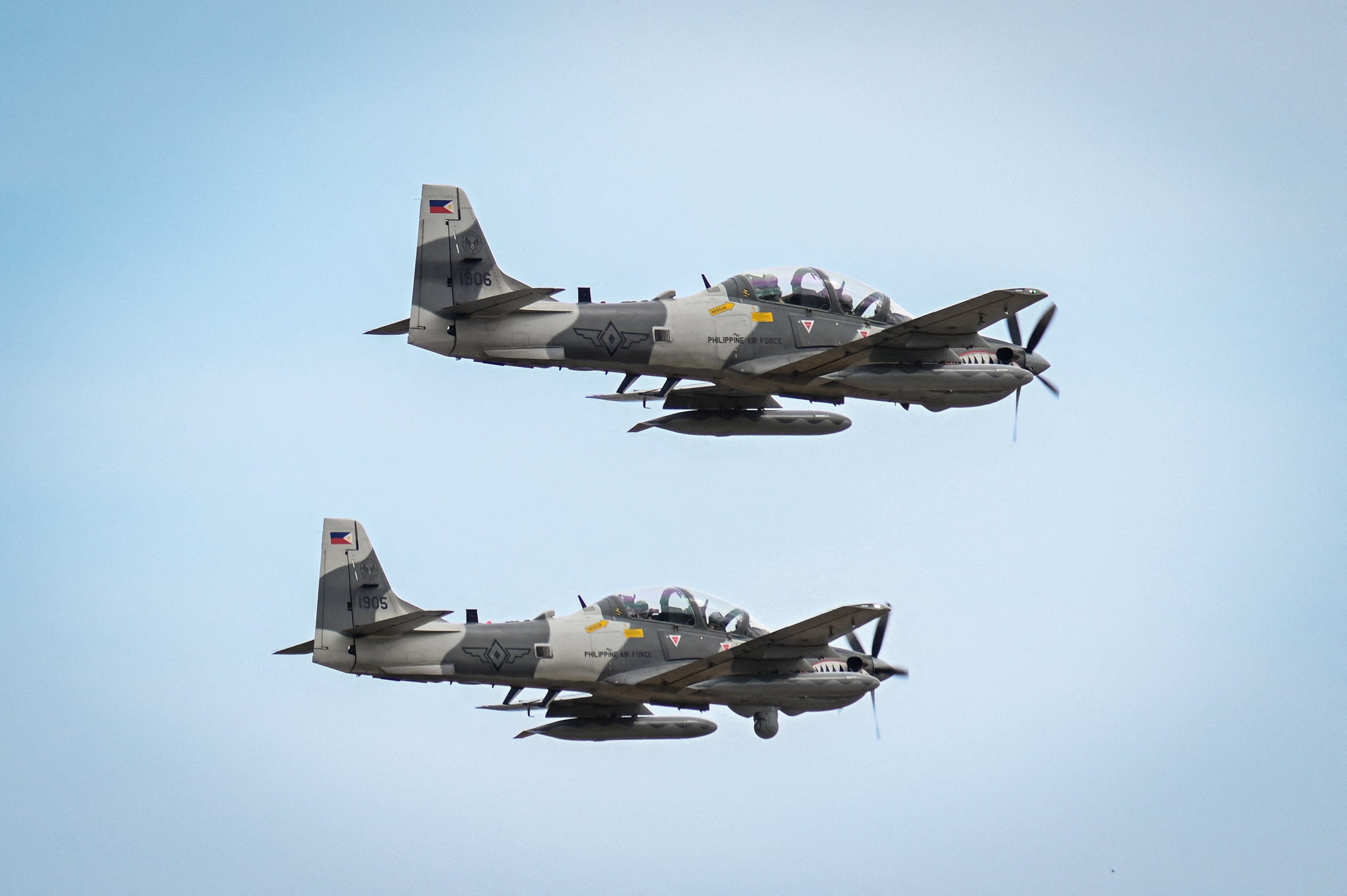 Super Tucano light attack aircraft of the Philippine Air Force, designed for counter-insurgency operations, perform a fly-by during joint drills with the US in 2024. Photo: AFP