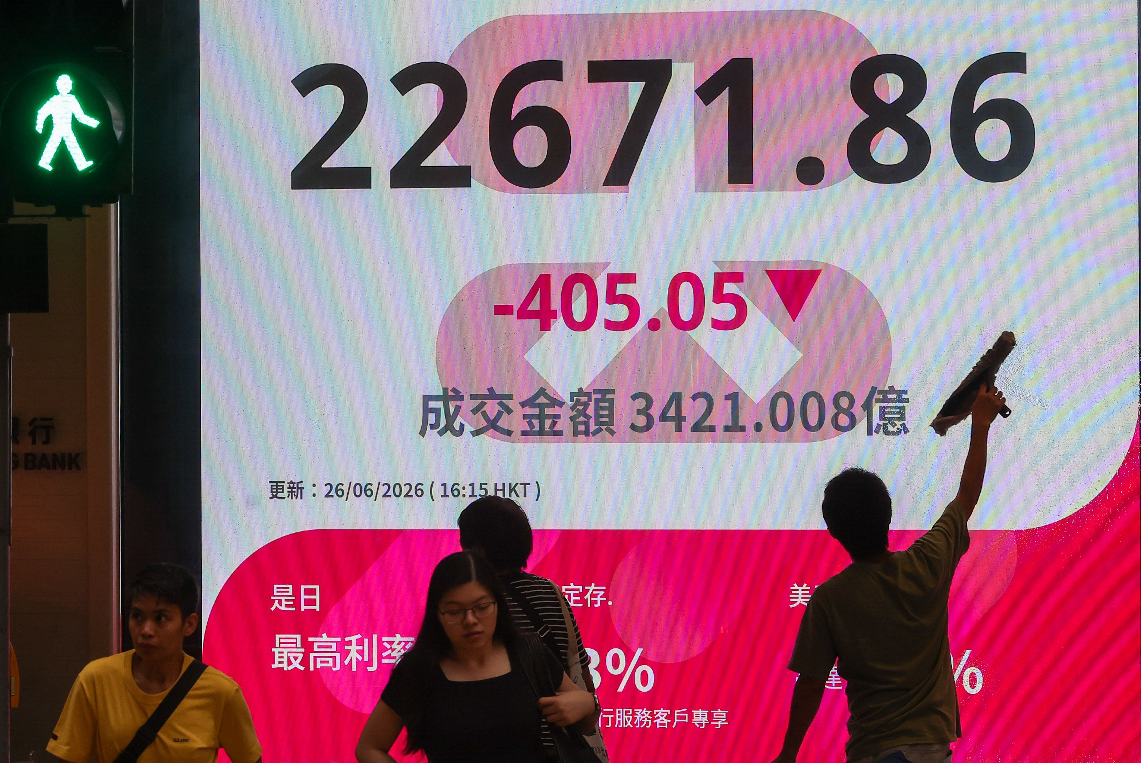 A giant electronic monitor shows the Hang Seng Index in Central, Hong Kong. Photo: SCMP/Edmond So