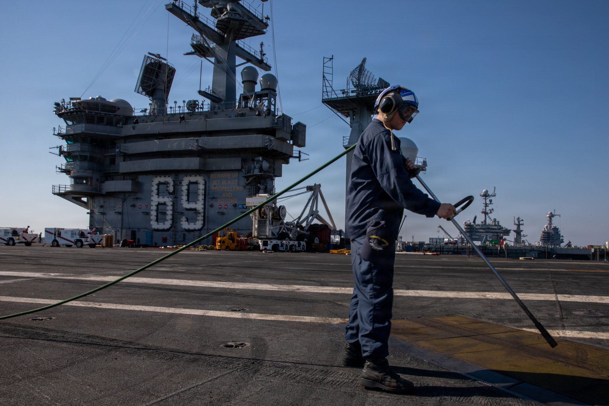The USS Eisenhower aircraft carrier at a shipyard in Virginia in May. A fire broke out aboard the warship in April when it was undergoing maintenance. Photo: Handout The USS Eisenhower aircraft carrier at a shipyard in Virginia in May. A fire broke out aboard the warship in April when it was undergoing maintenance. Photo: Handout