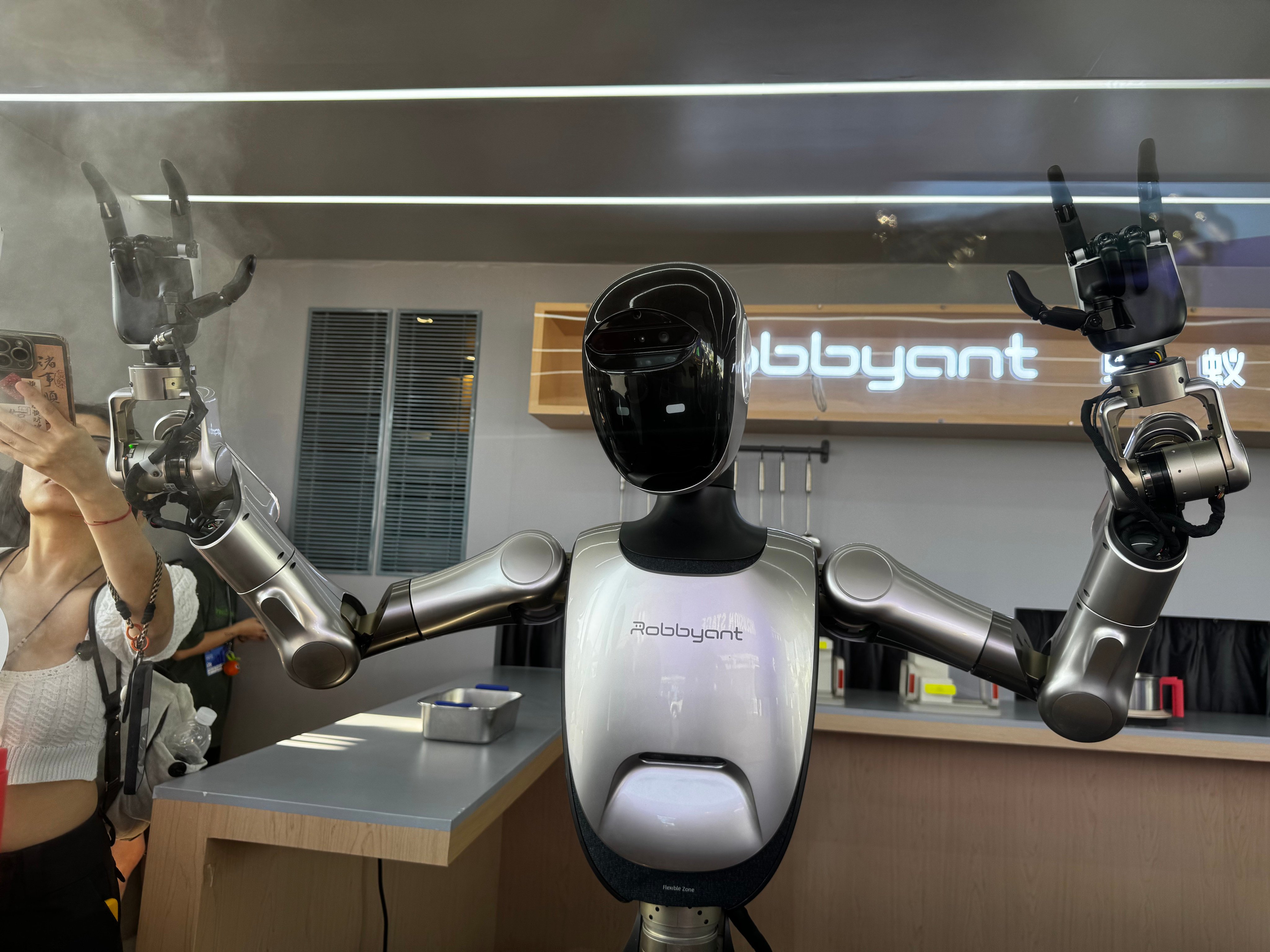 A wheeled humanoid robot developed by Robbyant is unveiled at the company’s booth at the Inclusion Conference on the Bund on September 11, 2025. Photo: Wency Chen