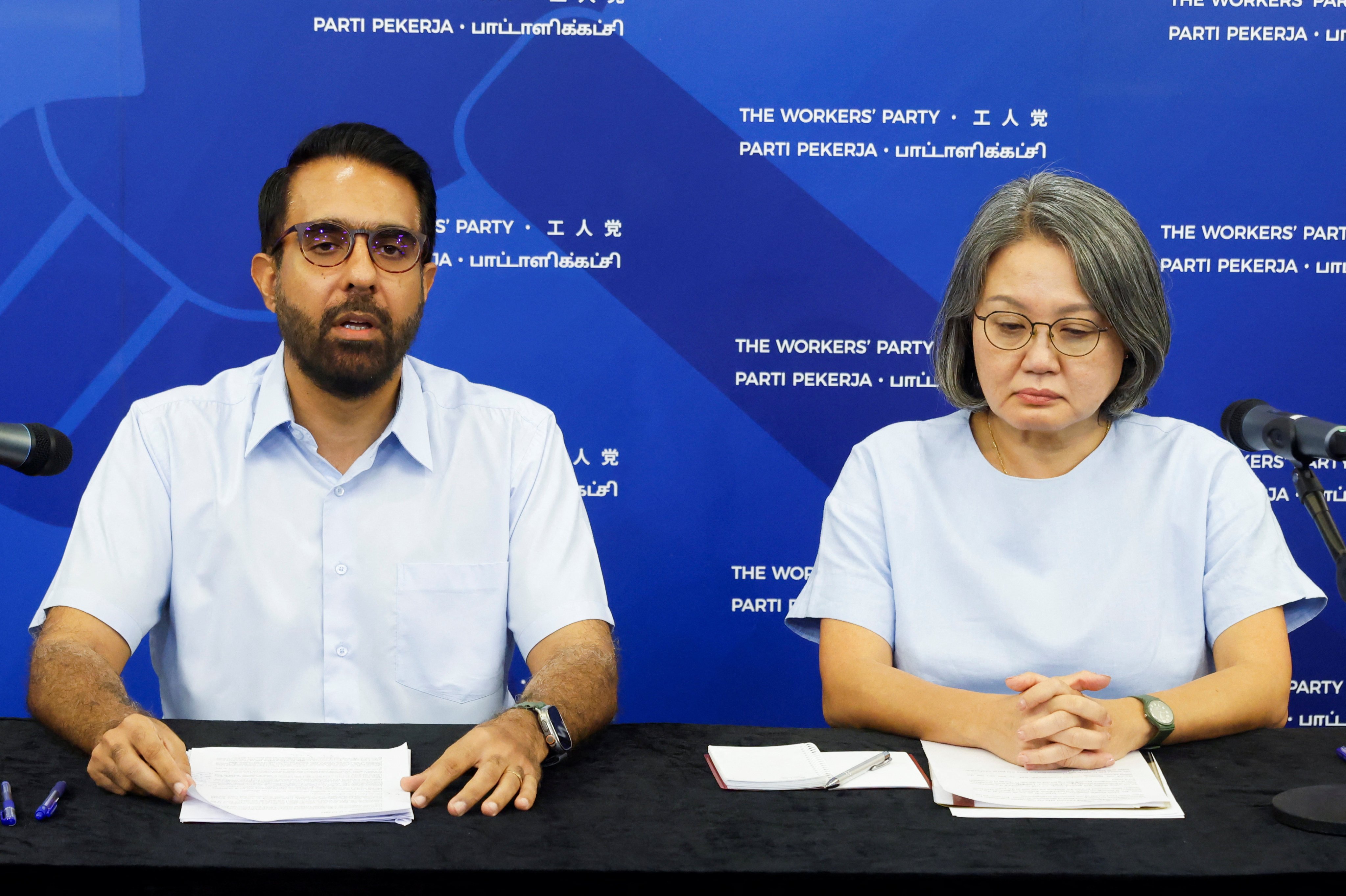 Workers’ Party chairman Sylvia Lim and secretary-general Pritam Singh attend a press conference at their headquarters in Singapore on July 19, 2023. Photo: Reuters
