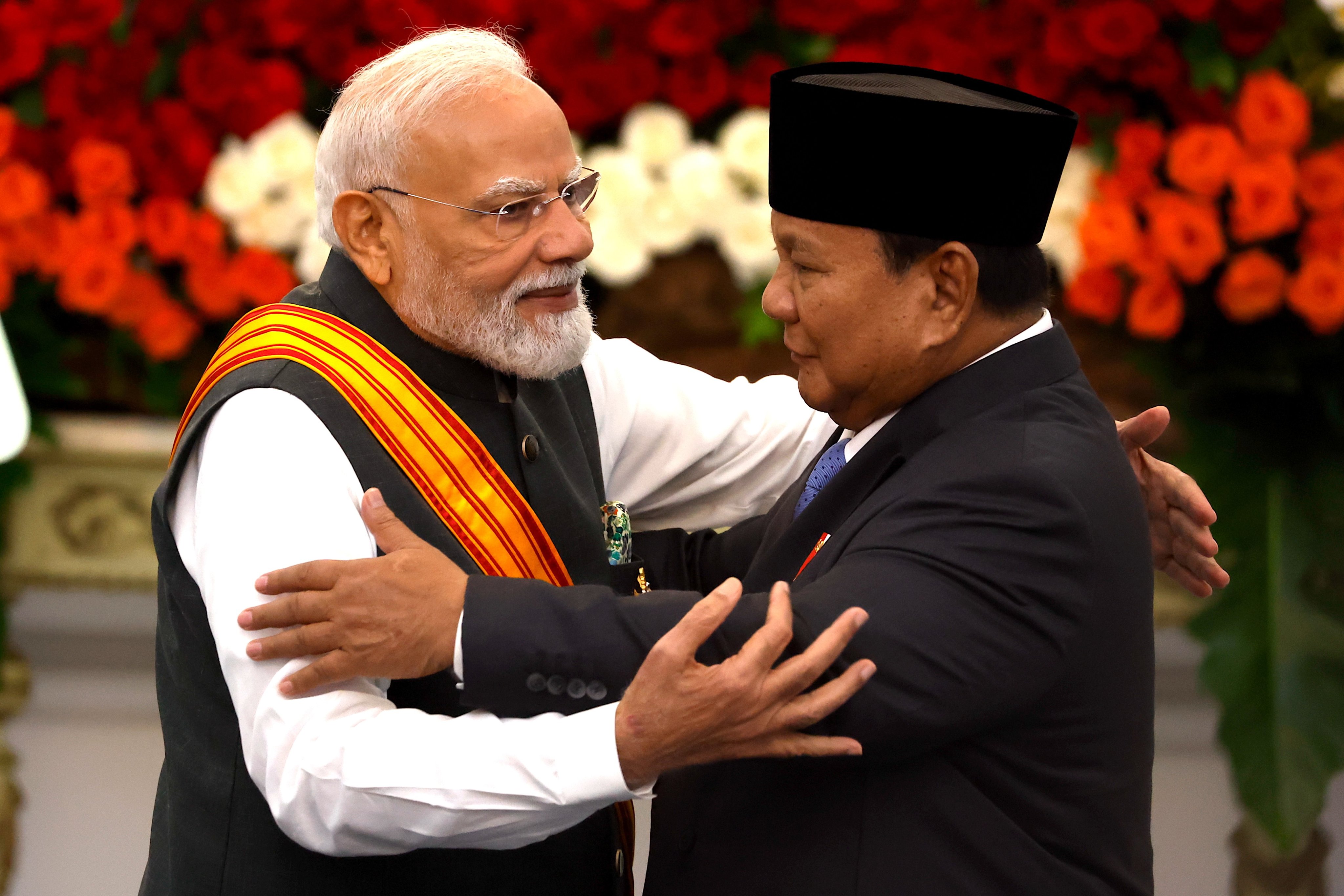 India’s Prime Minister Narendra Modi (left) greets Indonesia’s President Prabowo Subianto after a joint press conference following their meeting at Merdeka Palace in Jakarta, Indonesia on Tuesday. Photo: EPA