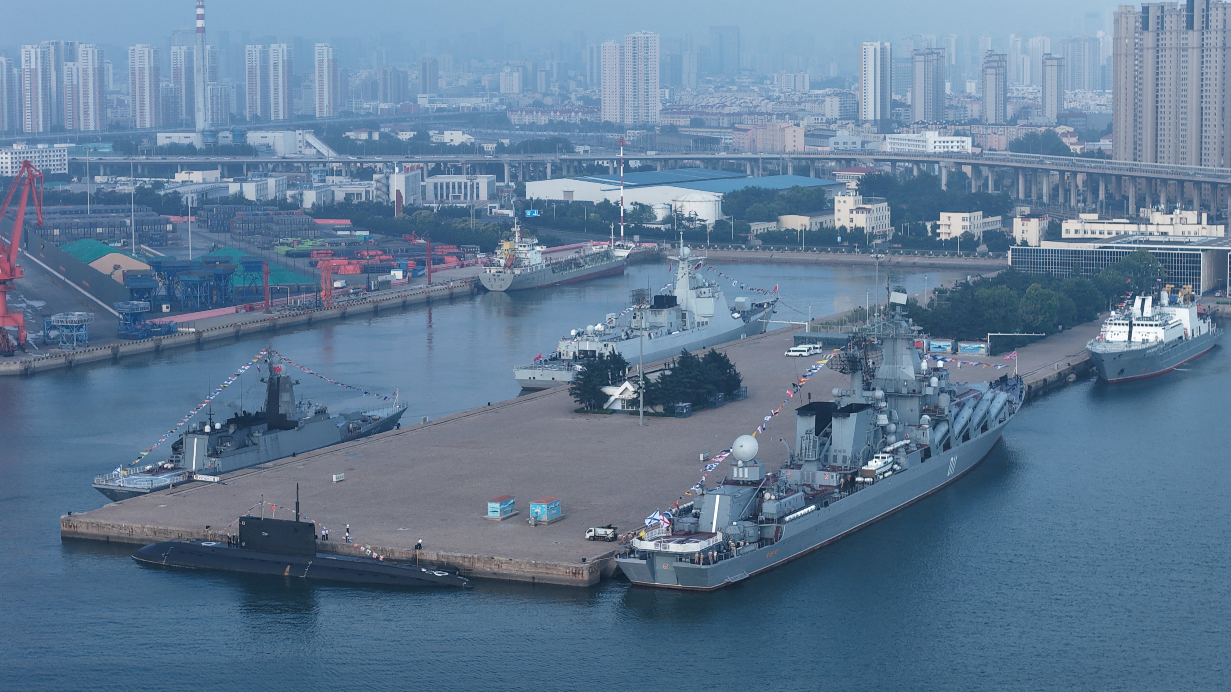 Vessels taking part in the Joint Sea-2026 naval exercise involving China and Russia are seen at a military port in Qingdao, Shandong province, on Sunday. Photo: Xinhua