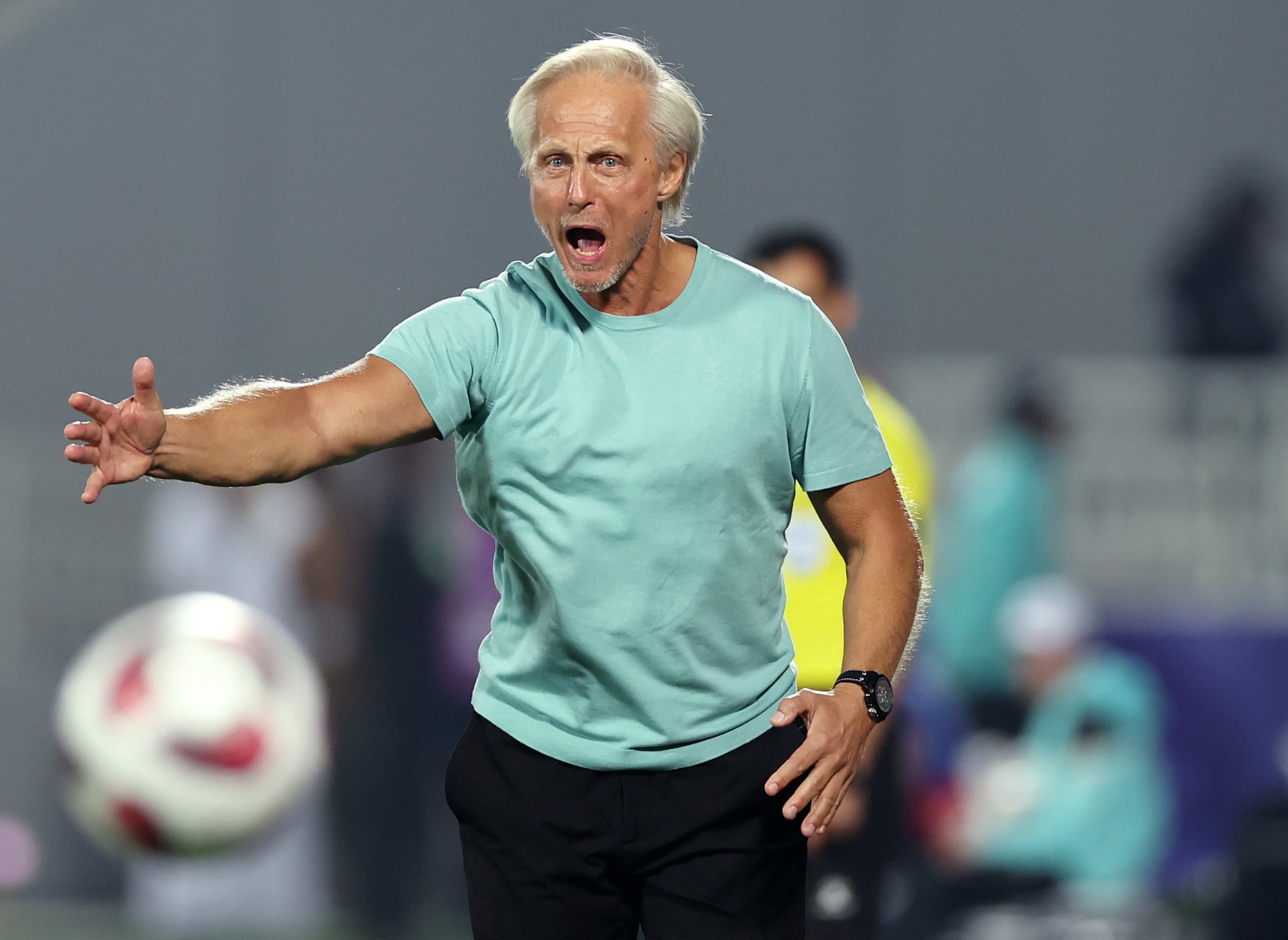 Jorn Andersen bellows instructions during Hong Kong’s meeting with Palestine at the Asian Cup finals in 2024. Photo: Xinhua