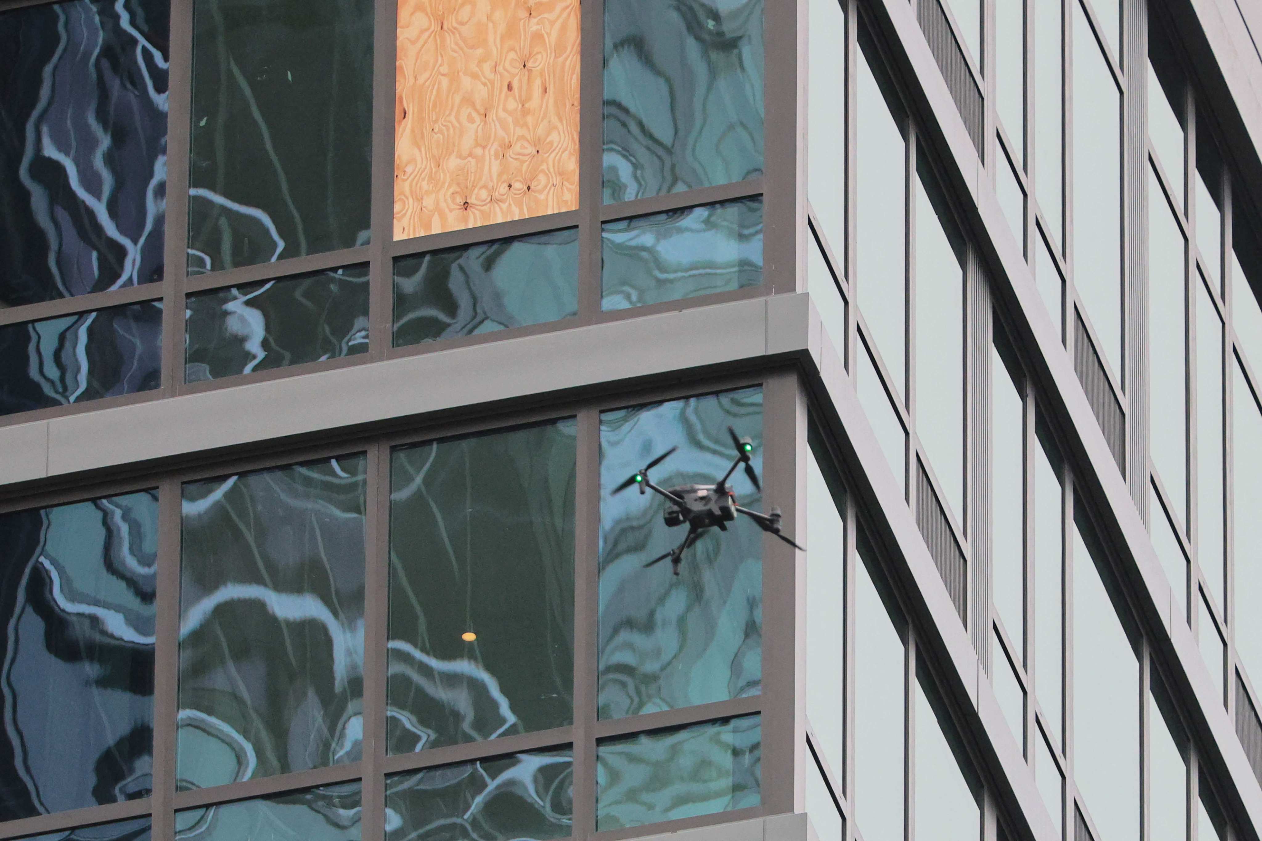A drone gets a closer look at the damage. Photo: AFP