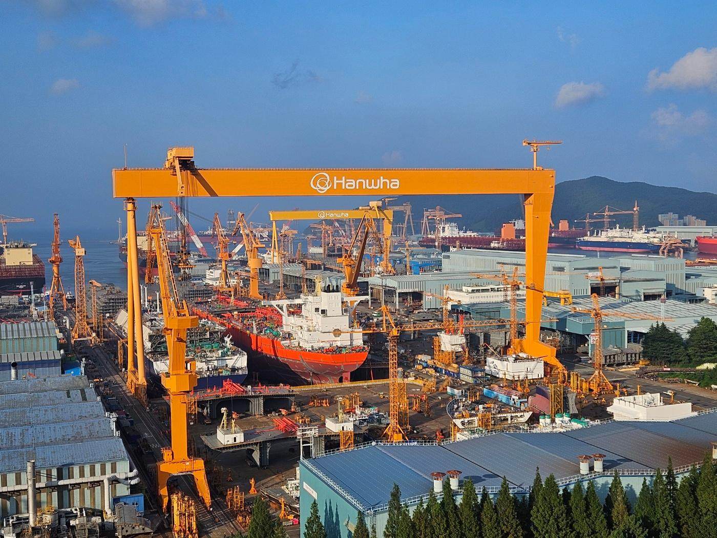 A ship is under construction at Hanwha Ocean’s shipyard in Geoje, South Gyeongsang province. Photo: The Korea Times