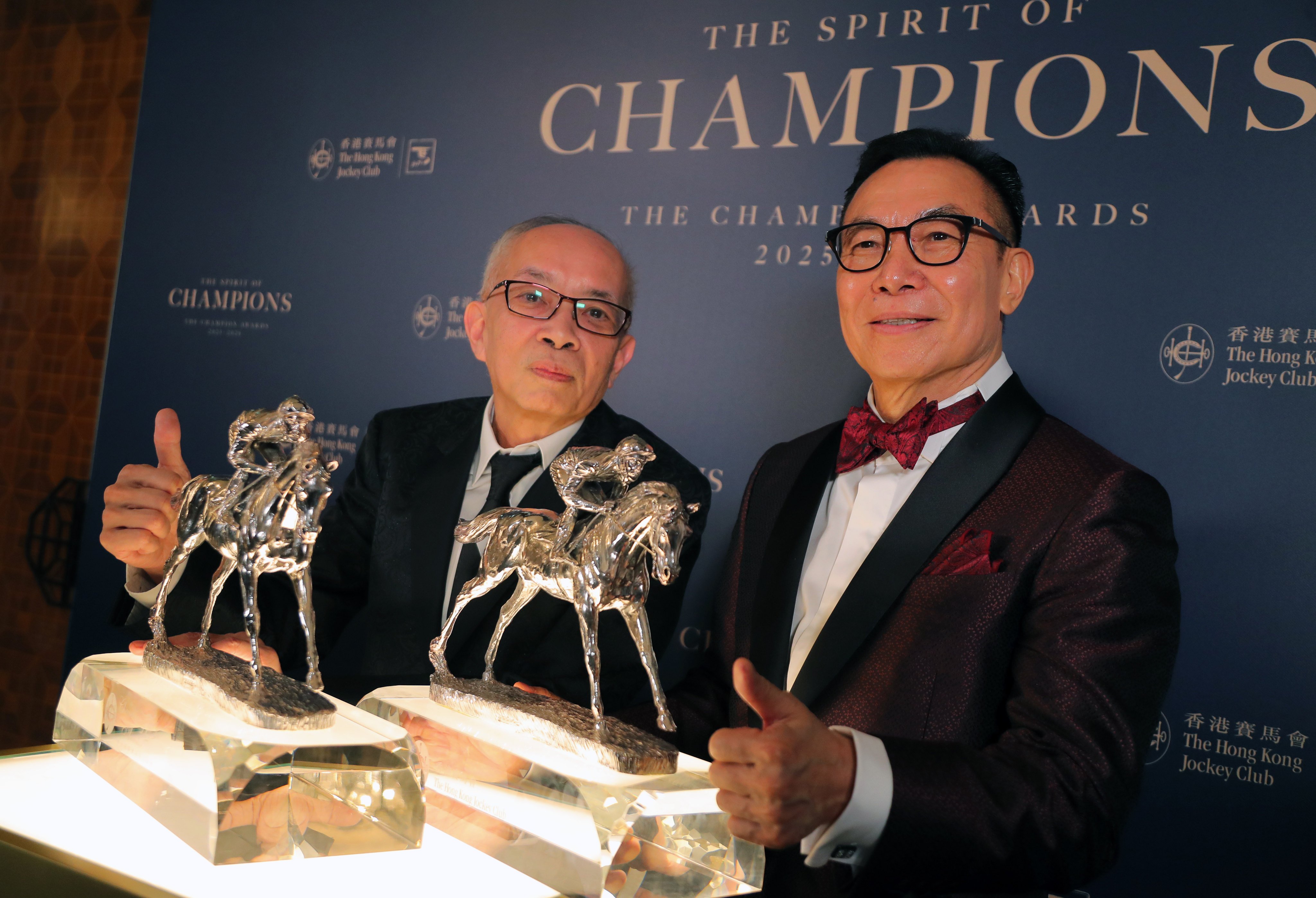 Owners Peter Lau Pak-fai and Leung Shek-kong after Romantic Warrior and Ka Ying Rising share Horse of the Year honours for 2025-26. Photos: Kenneth Chan