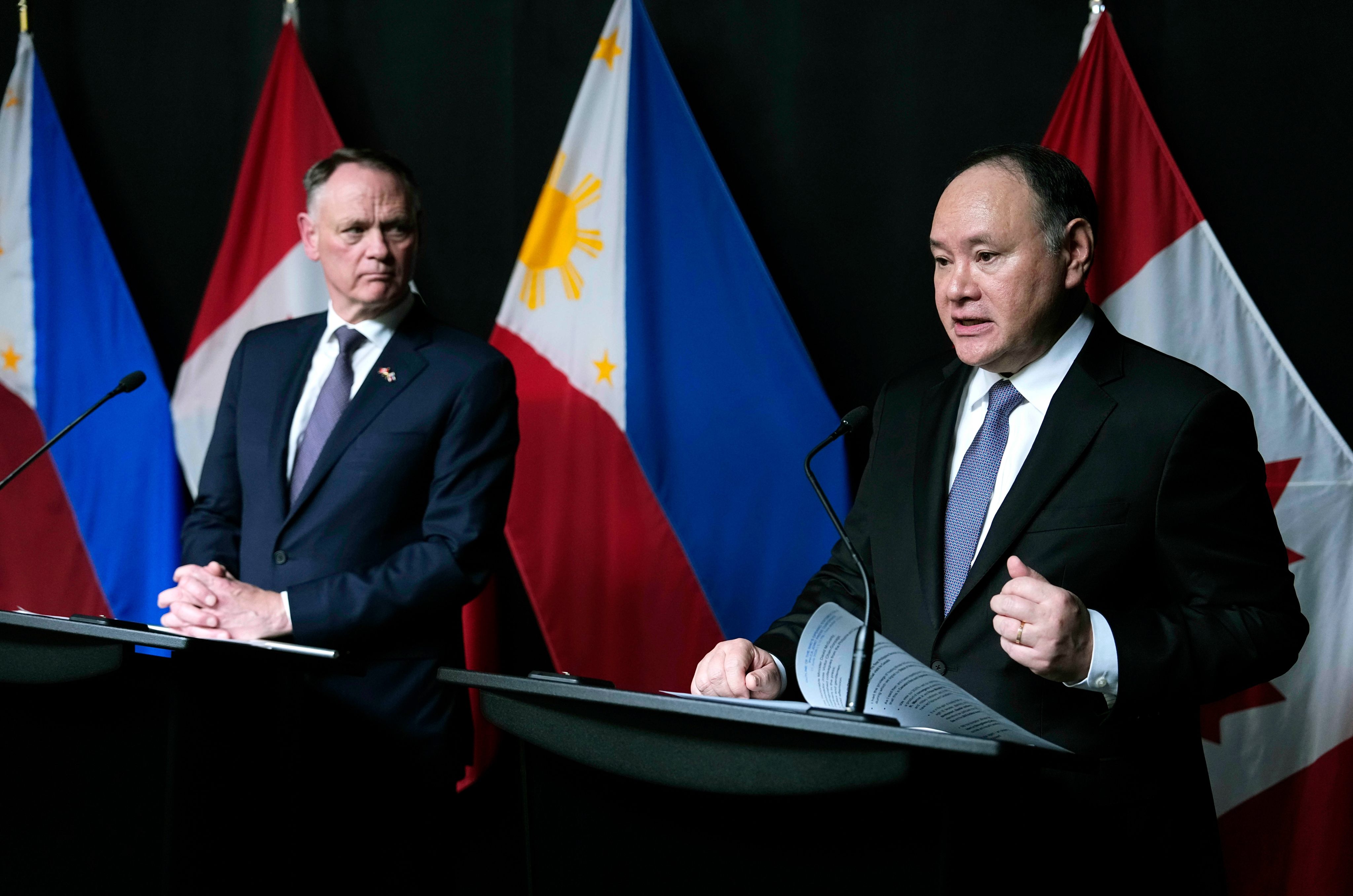 Philippine Defence Secretary Gilberto Teodoro Jnr speaks to the media after a signing ceremony in Ottawa, Canada, last month. Photo: The Canadian Press/AP