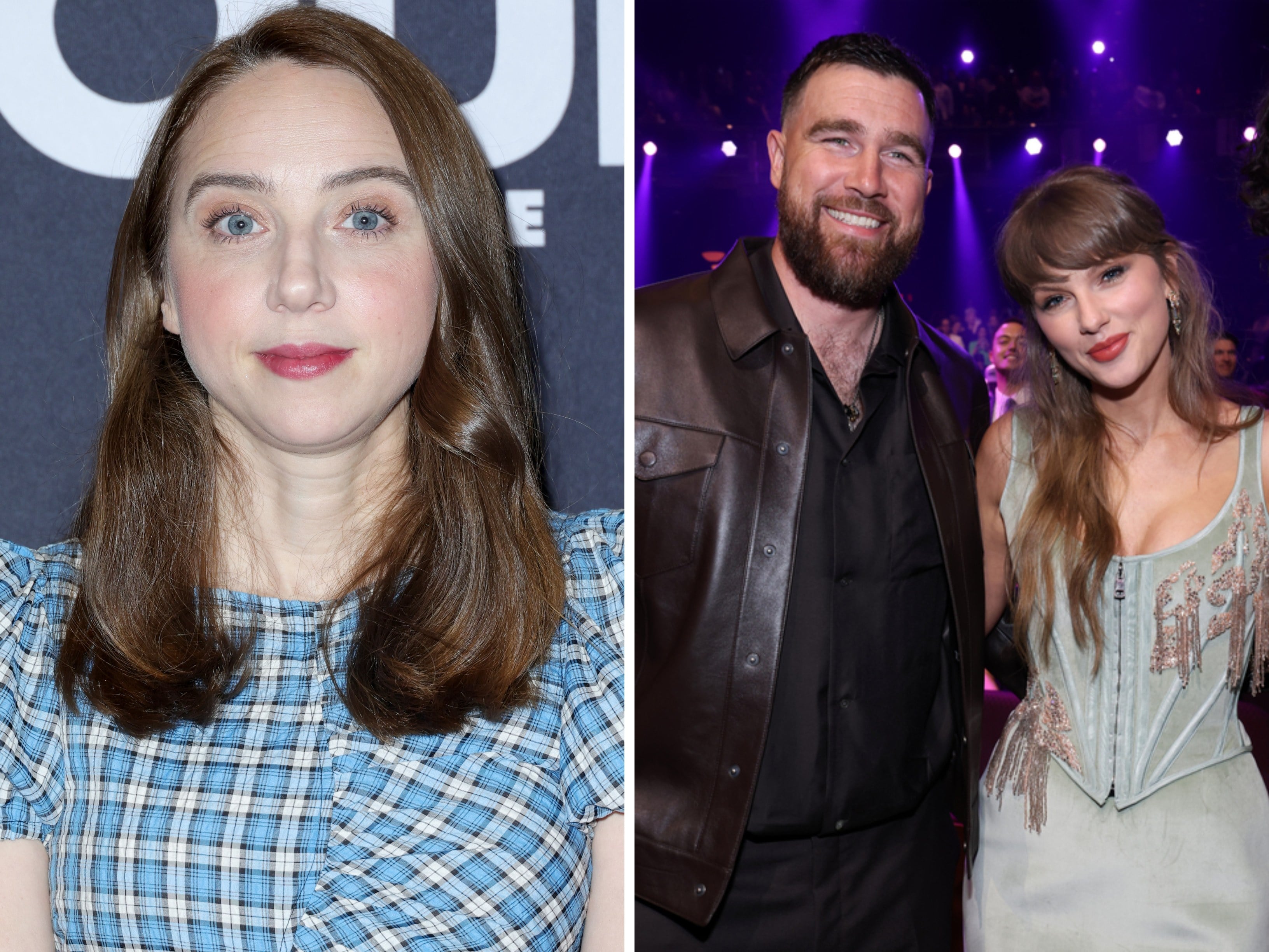 Zoe Kazan deleted two recent posts that appeared to have speculated on the guests (not) invited to Taylor Swift and Travis Kelce's wedding. Photos: Getty Images