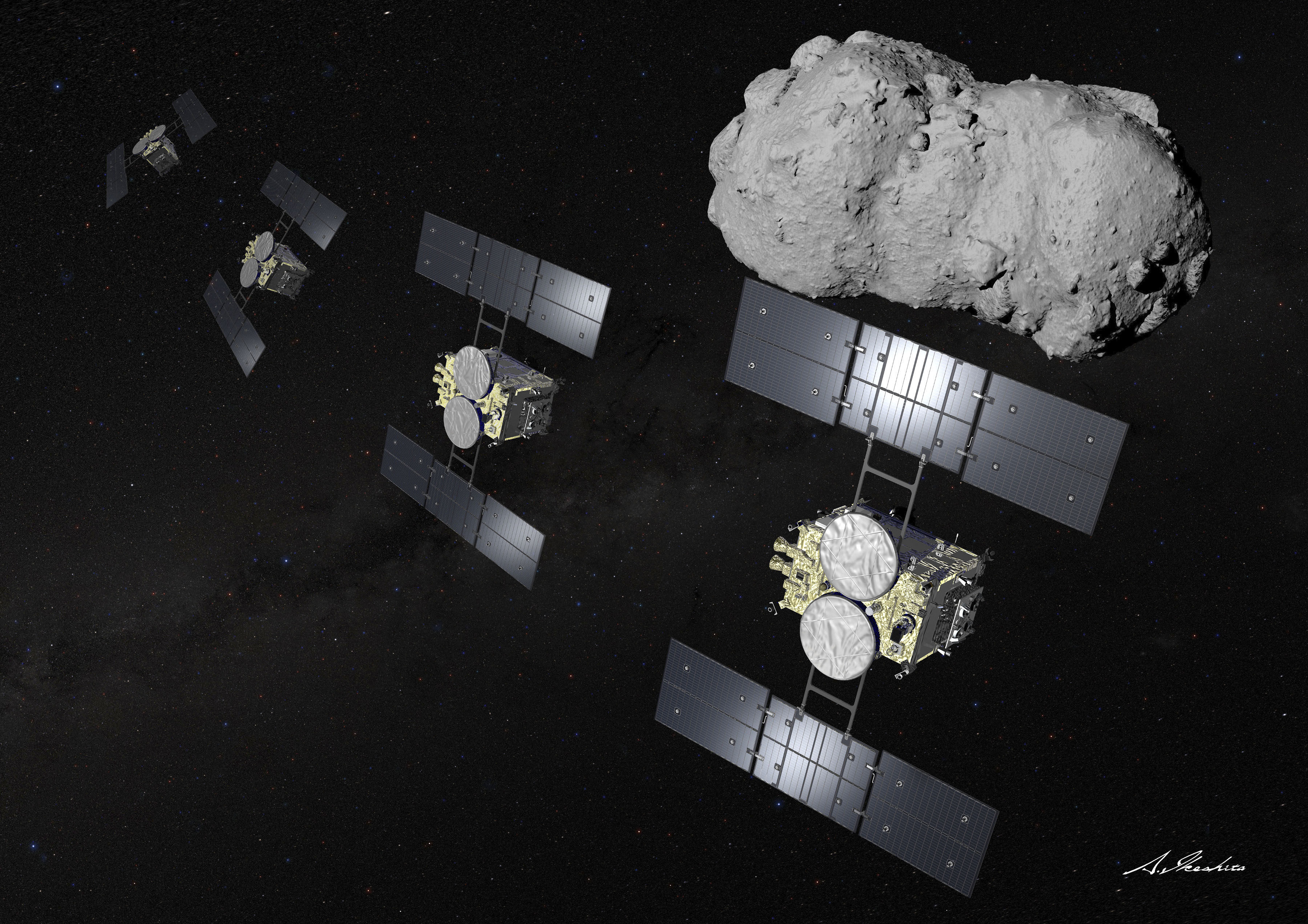 The Hayabusa2 space probe makes a close fly-by of the asteroid Torifune, in this illustration by Akihiro Ikeshita. Photo: Ikeshita/JAXA/Kyodo