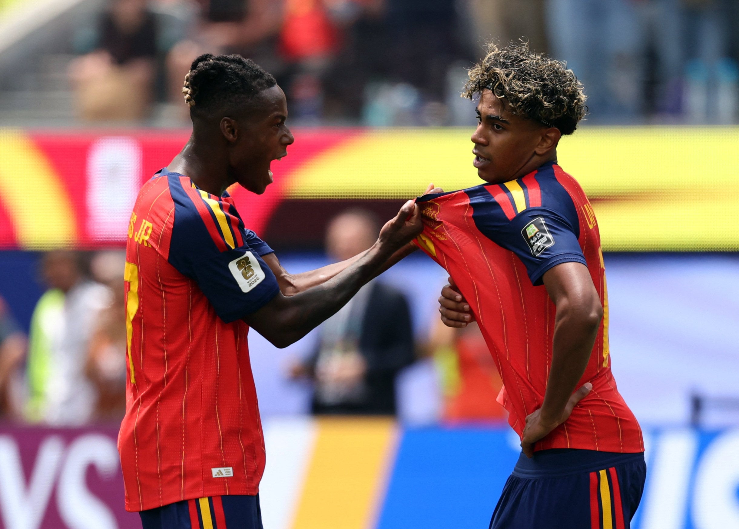 Lamine Yamal (right) celebrates with Nico Williams following Spain’s victory over Belgium. Photo: Reuters