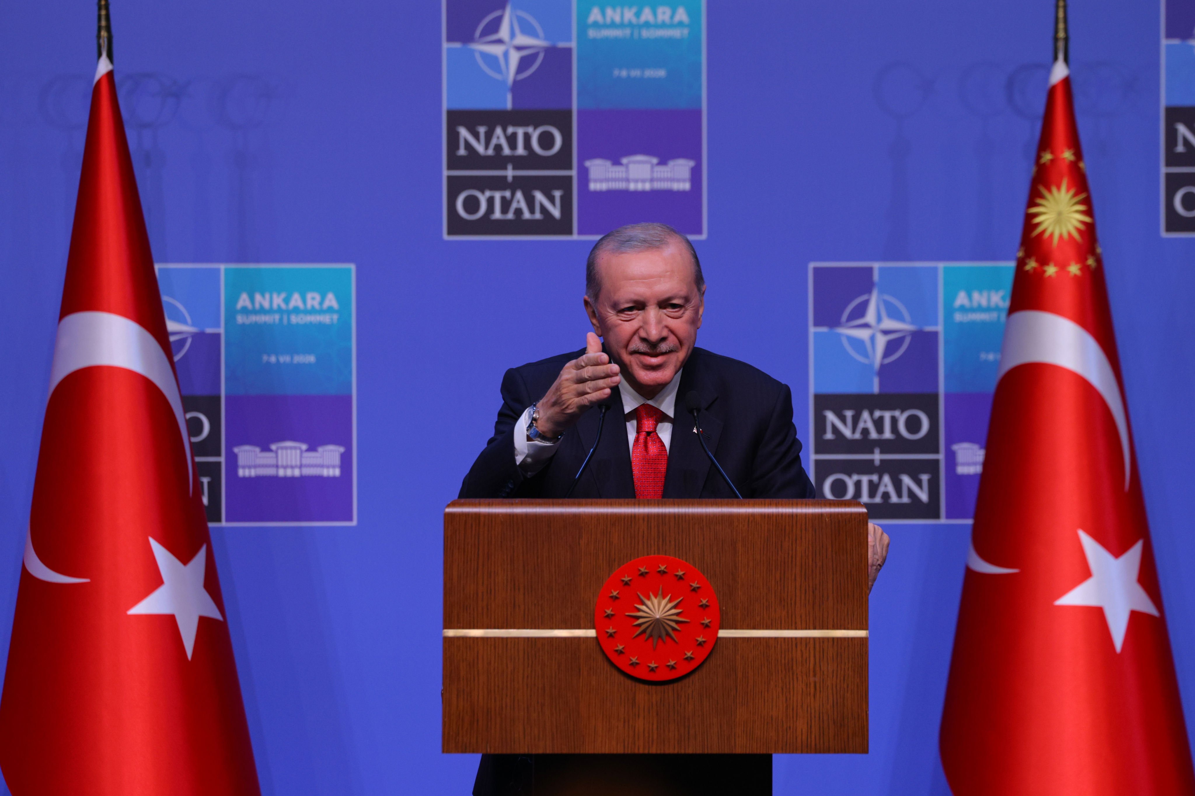 Turkish President Recep Tayyip Erdogan speaks during a media conference at the Nato summit in Ankara, Turkey, on Wednesday. Photo: AP