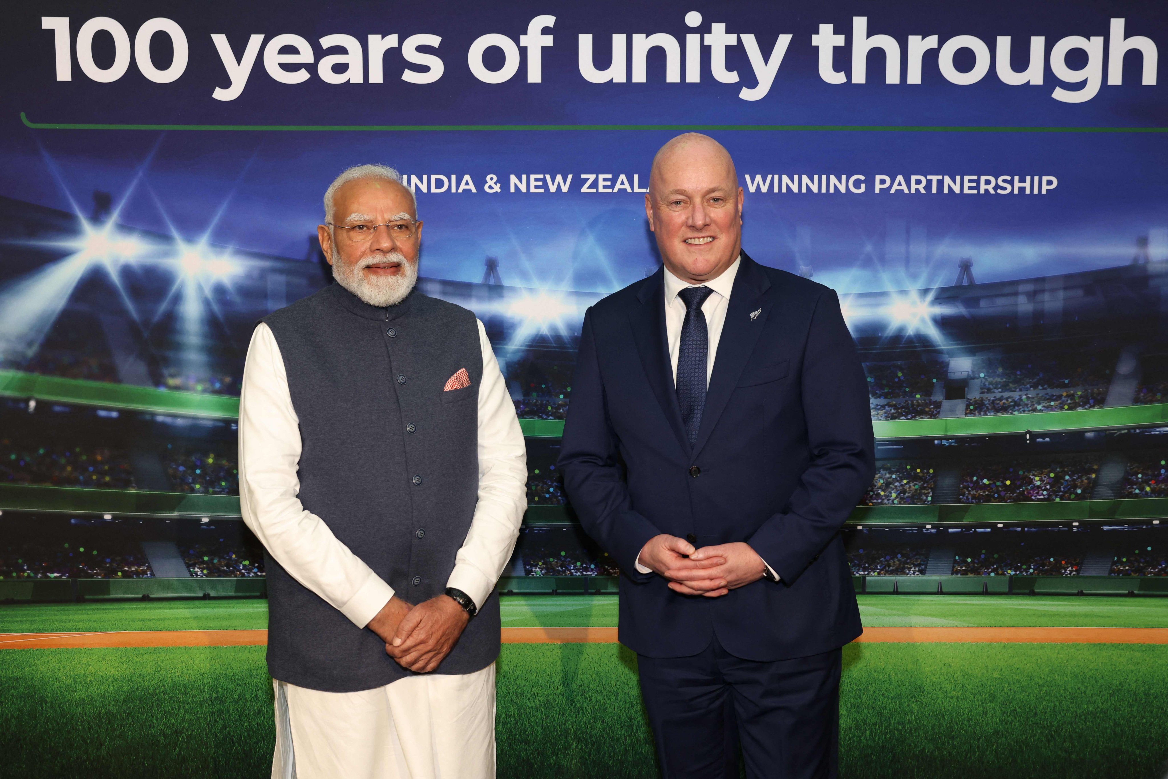 India’s Prime Minister Narendra Modi (left) and New Zealand’s Prime Minister Christopher Luxon on Saturday. Photo: AFP