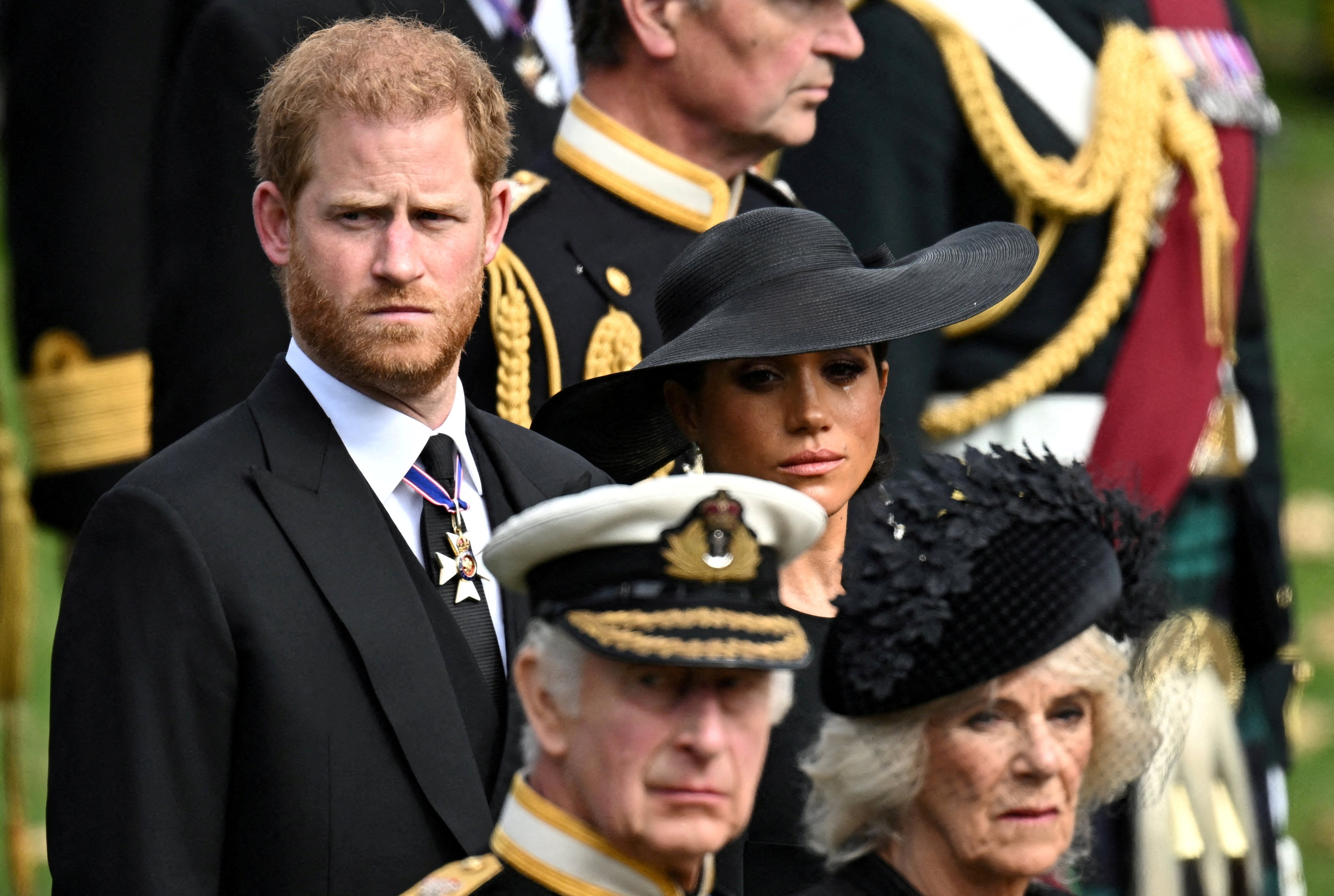 Prince Harry, Duke of Sussex, Meghan, Duchess of Sussex, Queen Camilla and King Charles attend the state funeral and burial of Britain’s Queen Elizabeth in London in September 2022. Photo: Reuters