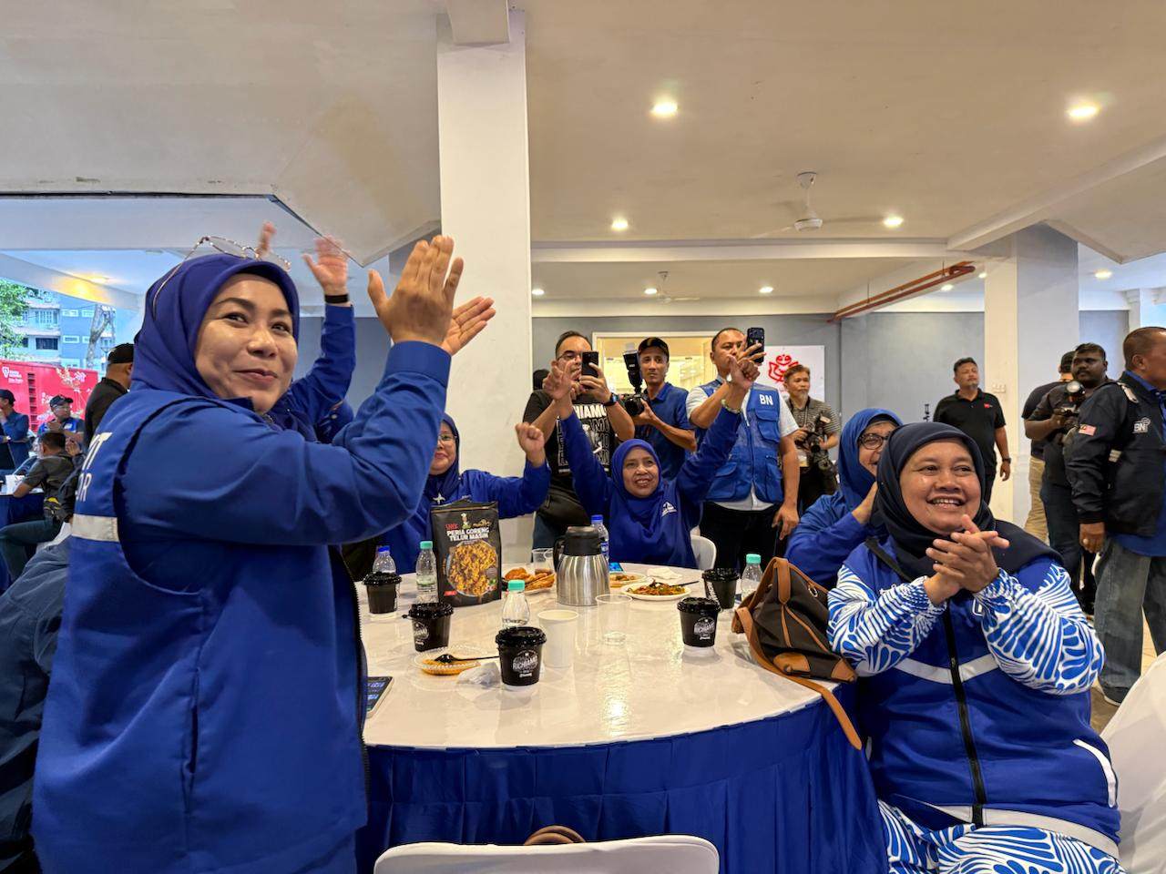 Barisan Nasional supporters celebrate at the coalition’s Johor Bahru command centre during Saturday’s election. Photo: Iman Muttaqin Yusof