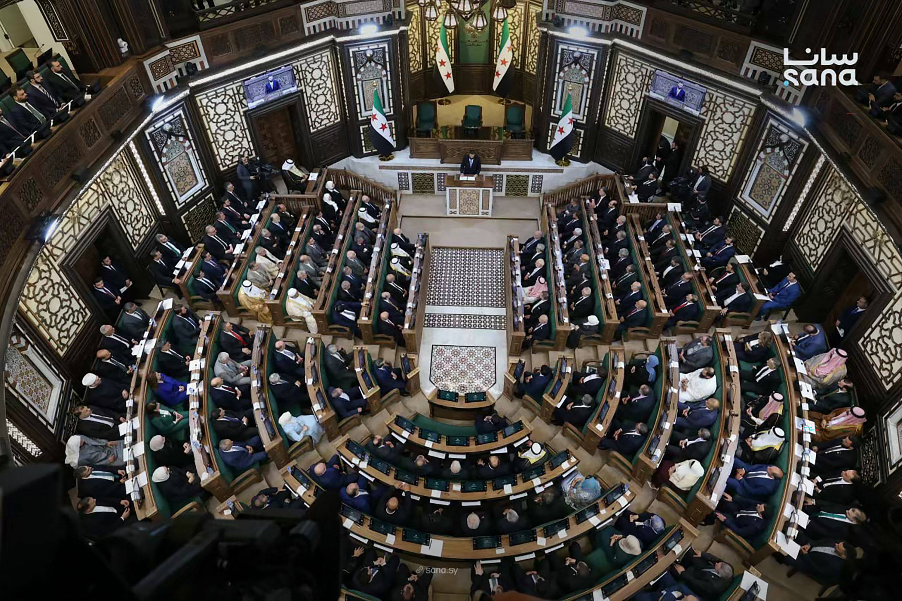 Syria’s President Ahmed al-Sharaa addresses the first meeting of Syria’s new transitional parliament in Damascus on Sunday. Photo: AFP