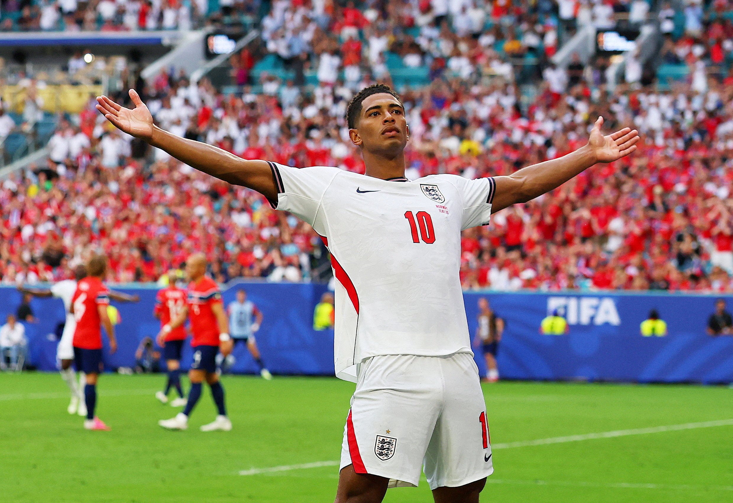 Jude Bellingham strikes a familiar pose after his winning goal for England against Norway. Photo: Reuters