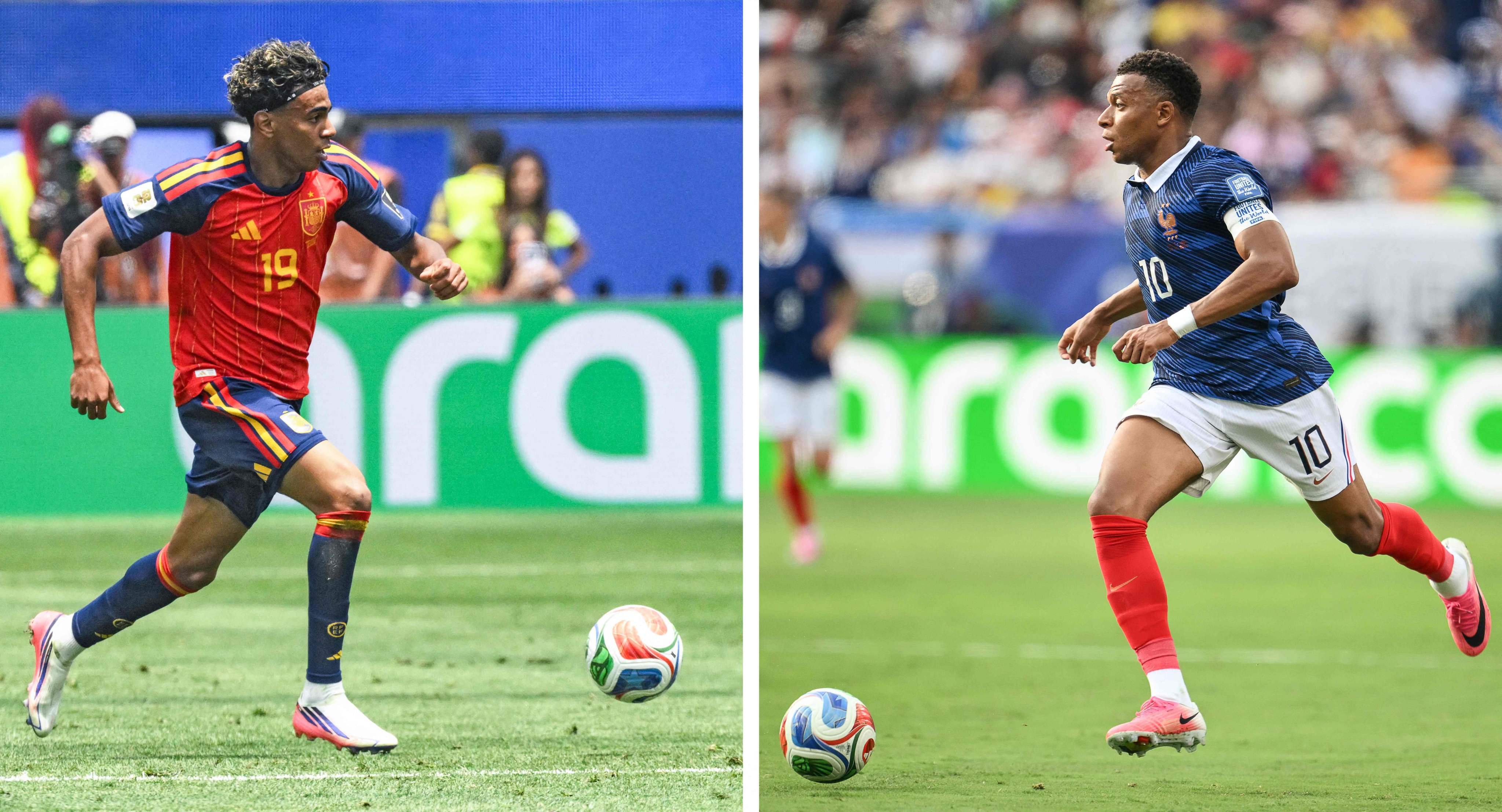 Spain’s star forward Lamine Yamal (left) has yet to show his best, while France’s Kylian Mbappe is leading the race for the Golden Boot with Argentina's Lionel Messi. Photo: AFP