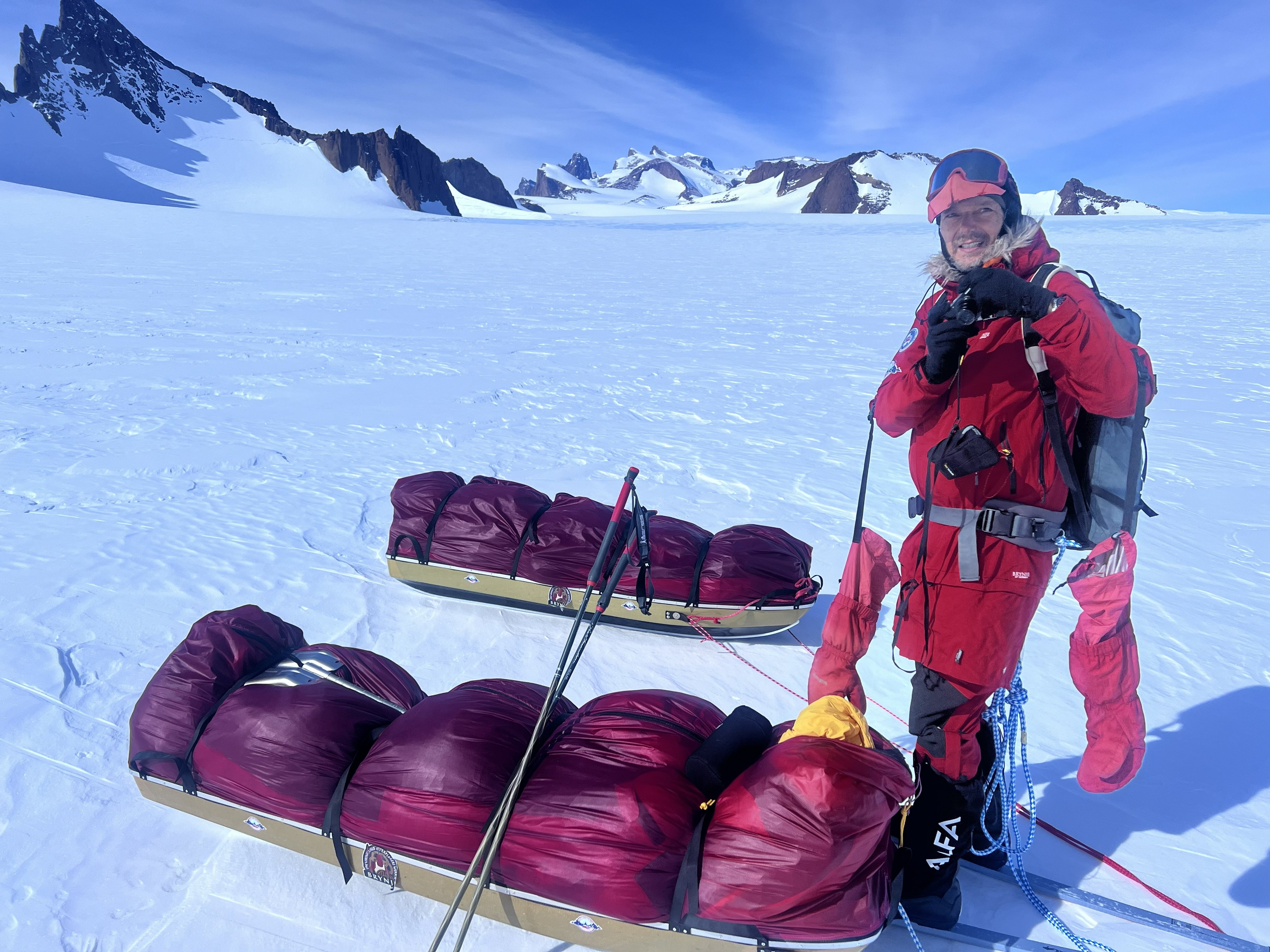 Explore and adventurer Roland Krueger is pictured with his expedition sledge in Queen Maud Land, which stretches across East Antarctica.