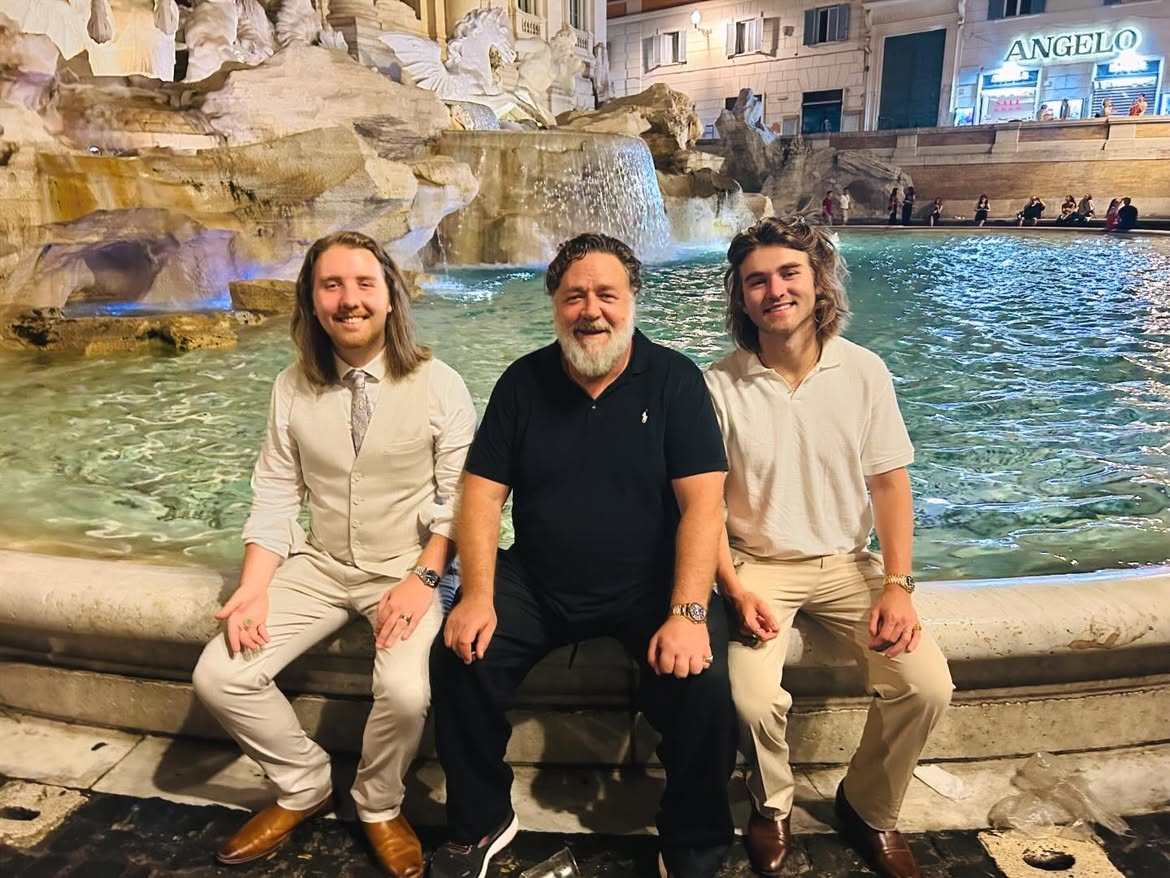 Russell Crowe and his two sons, Tennyson (right) and Charles (left), in Rome in 2024. Photo: @daniellespencerofficial/Instagram