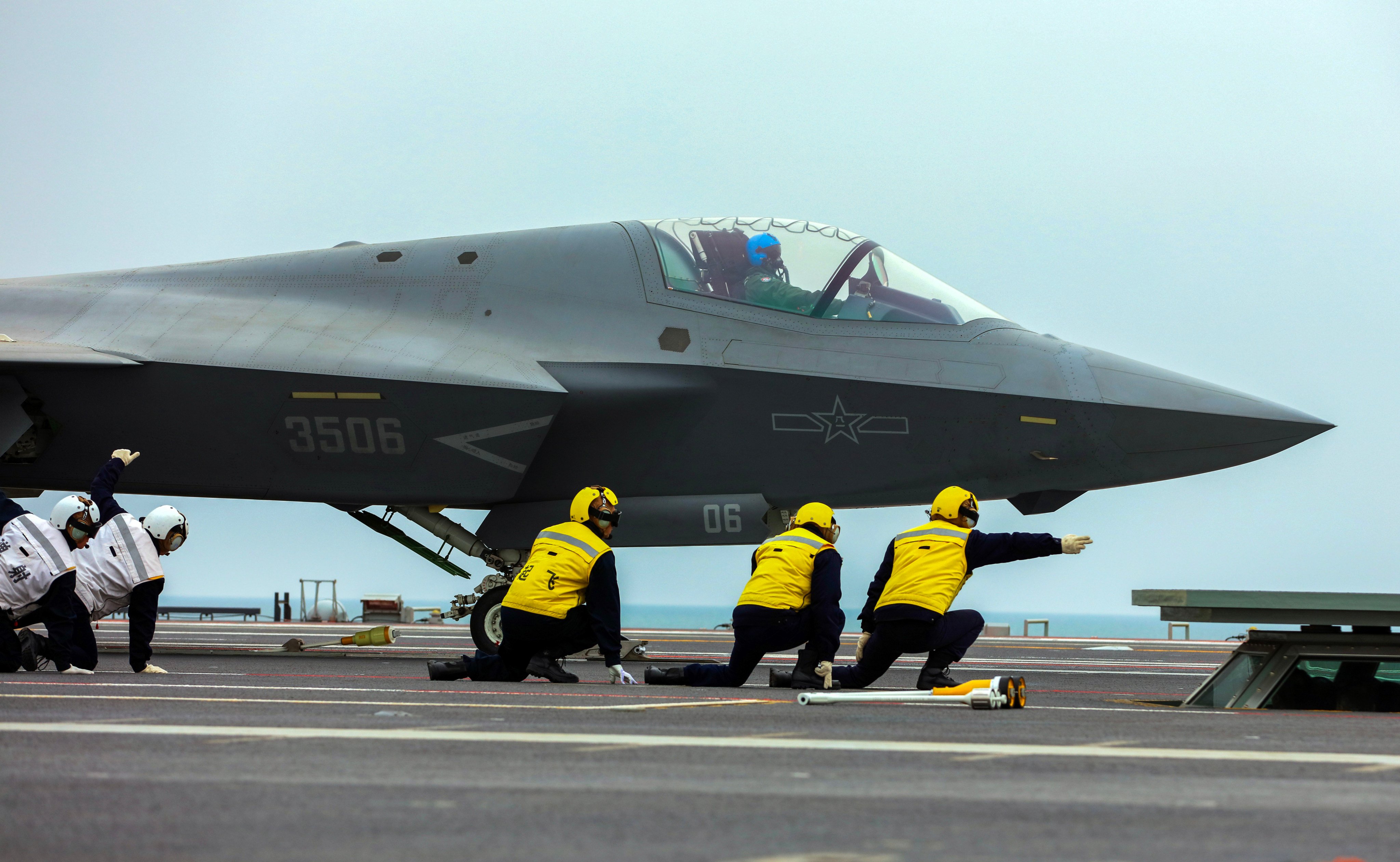 A J-35 prepares for a catapult launch on the deck of the Fujian, China’s most advanced carrier. Photo: Xinhua