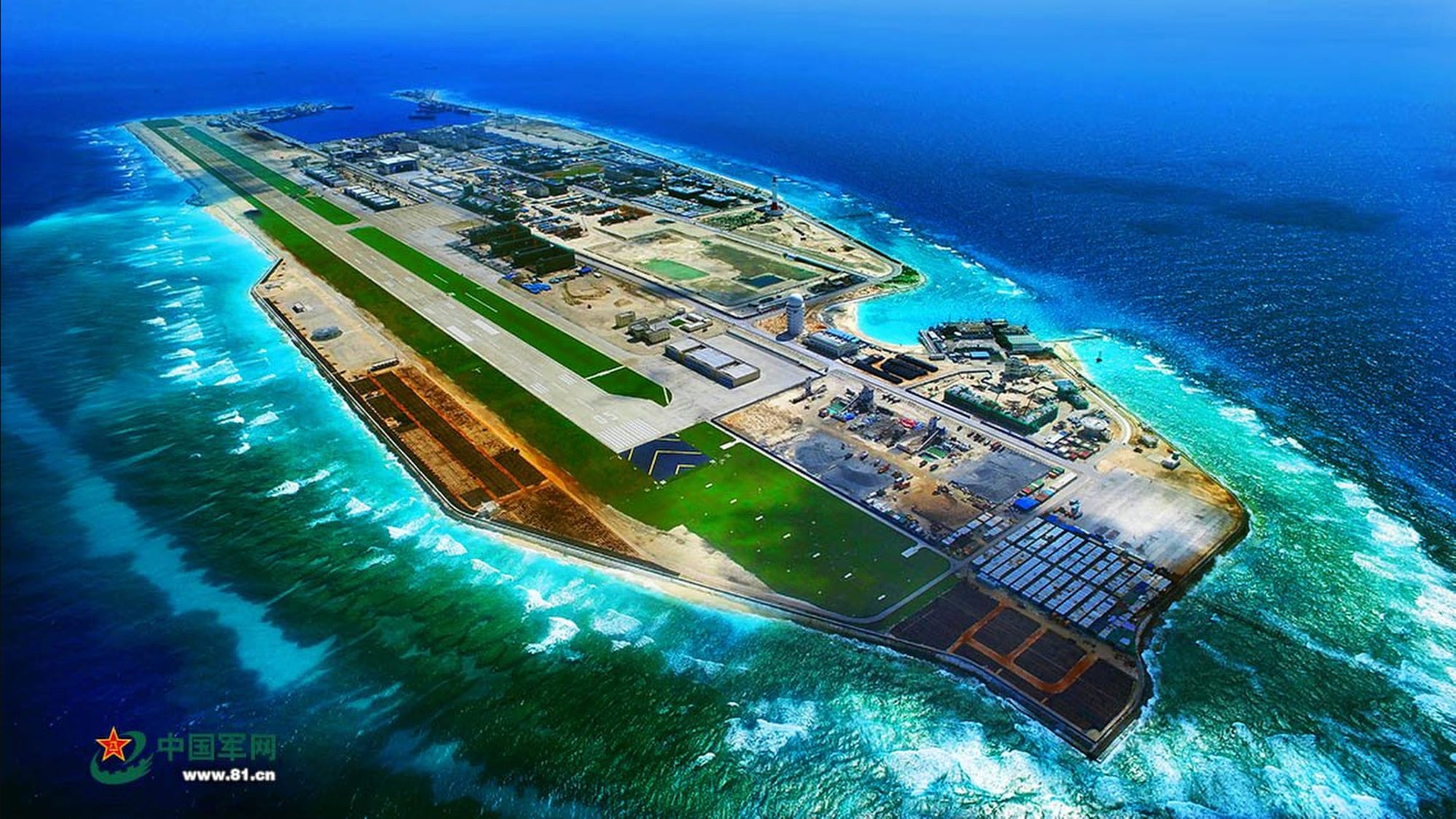 A Chinese-built airstrip and sprawling facilities on Fiery Cross Reef highlight how artificial islands have transformed Beijing’s strategic reach in the South China Sea. Photo: People’s Daily A Chinese-built airstrip and sprawling facilities on Fiery Cross Reef highlight how artificial islands have transformed Beijing’s strategic reach in the South China Sea. Photo: People’s Daily