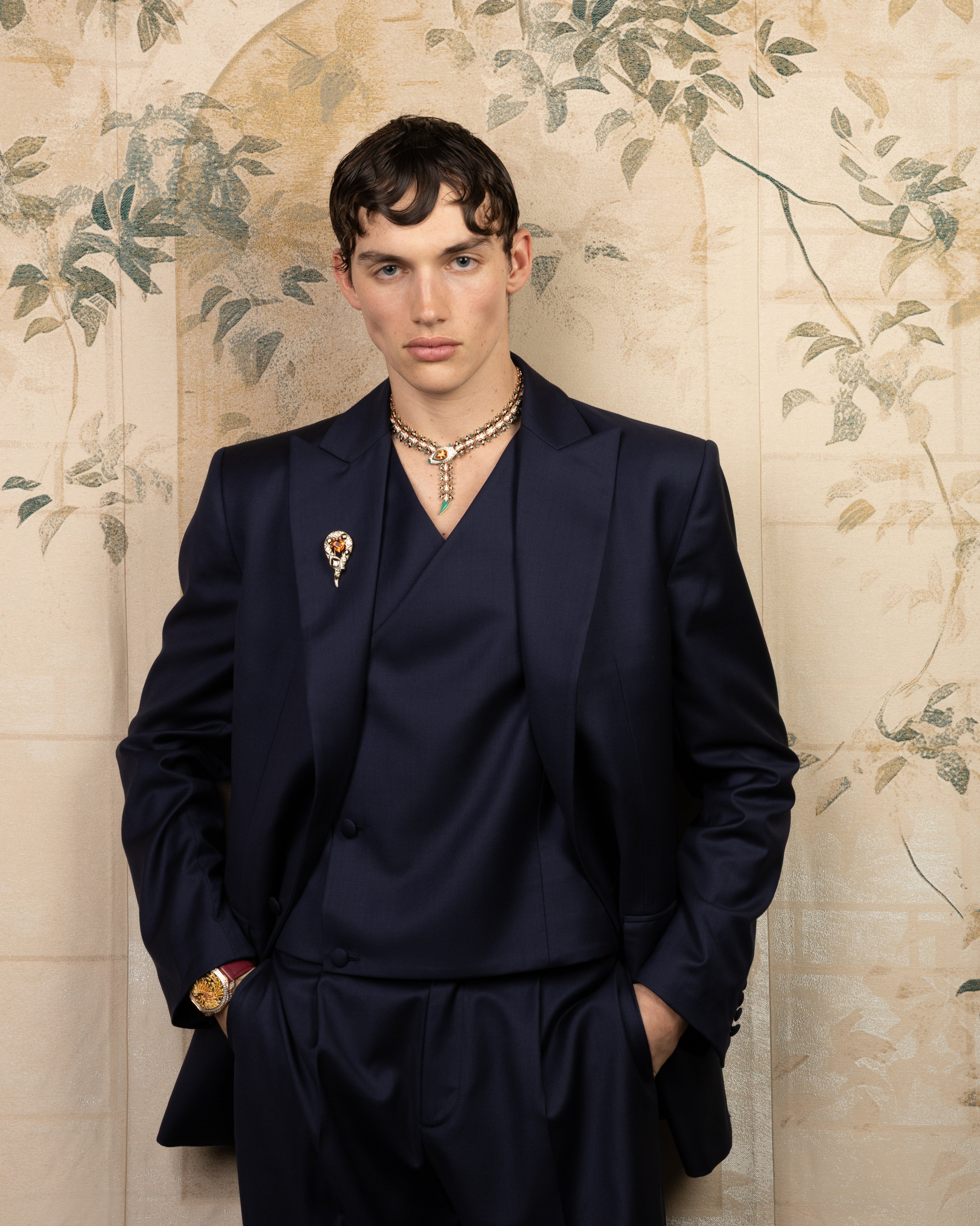 A model wears the new Bulgari Serpenti necklace and brooch, at the maison’s Eclettica high jewellery event in Milan in March. Photo: Handout