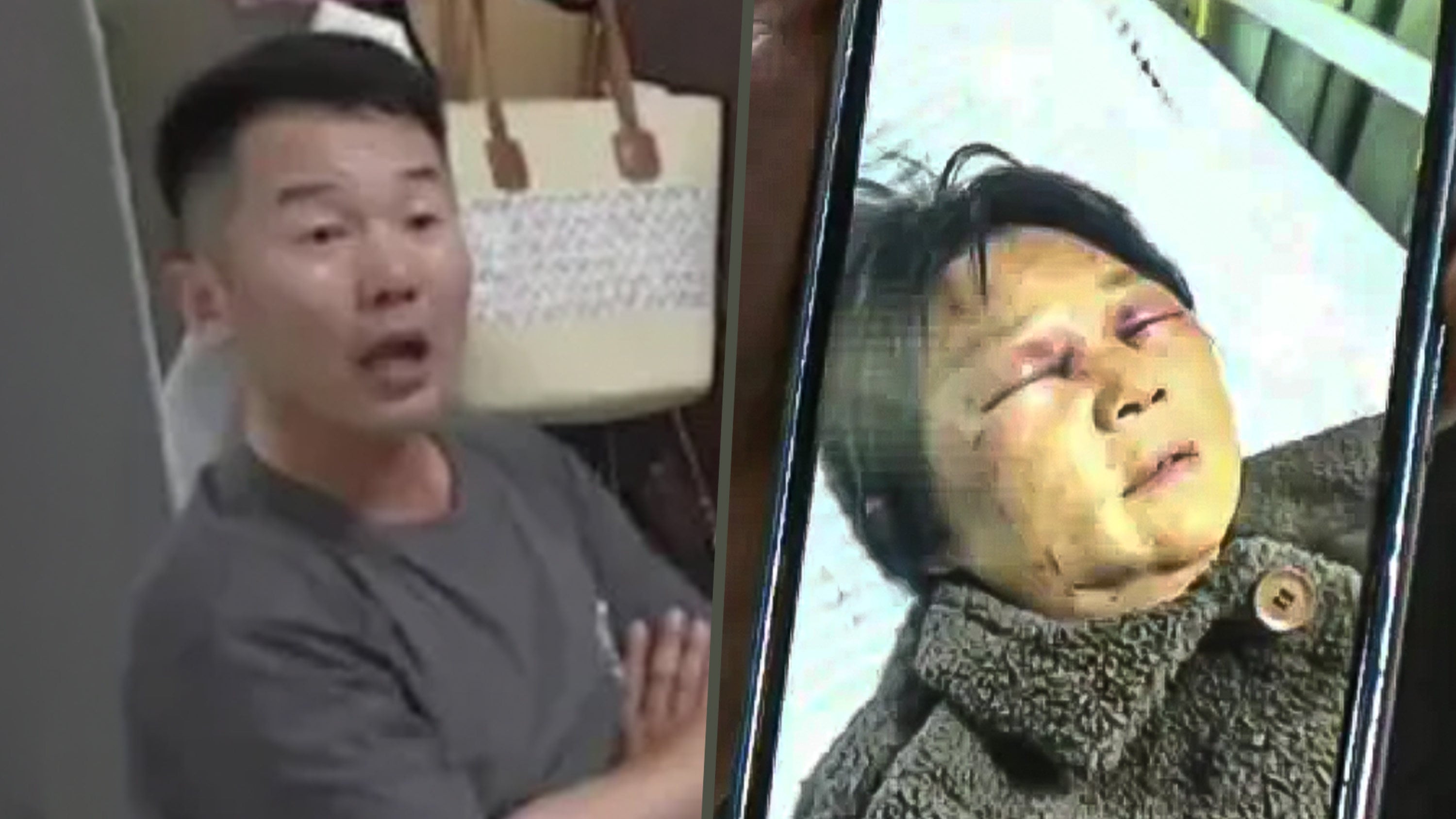 A Chinese woman has sparked widespread outrage after assaulting her mother-in-law and fracturing her ribs over a childcare dispute. Making matters worse, the older woman’s son, left, openly sided with his wife. Photo: SCMP composite/QQ.com