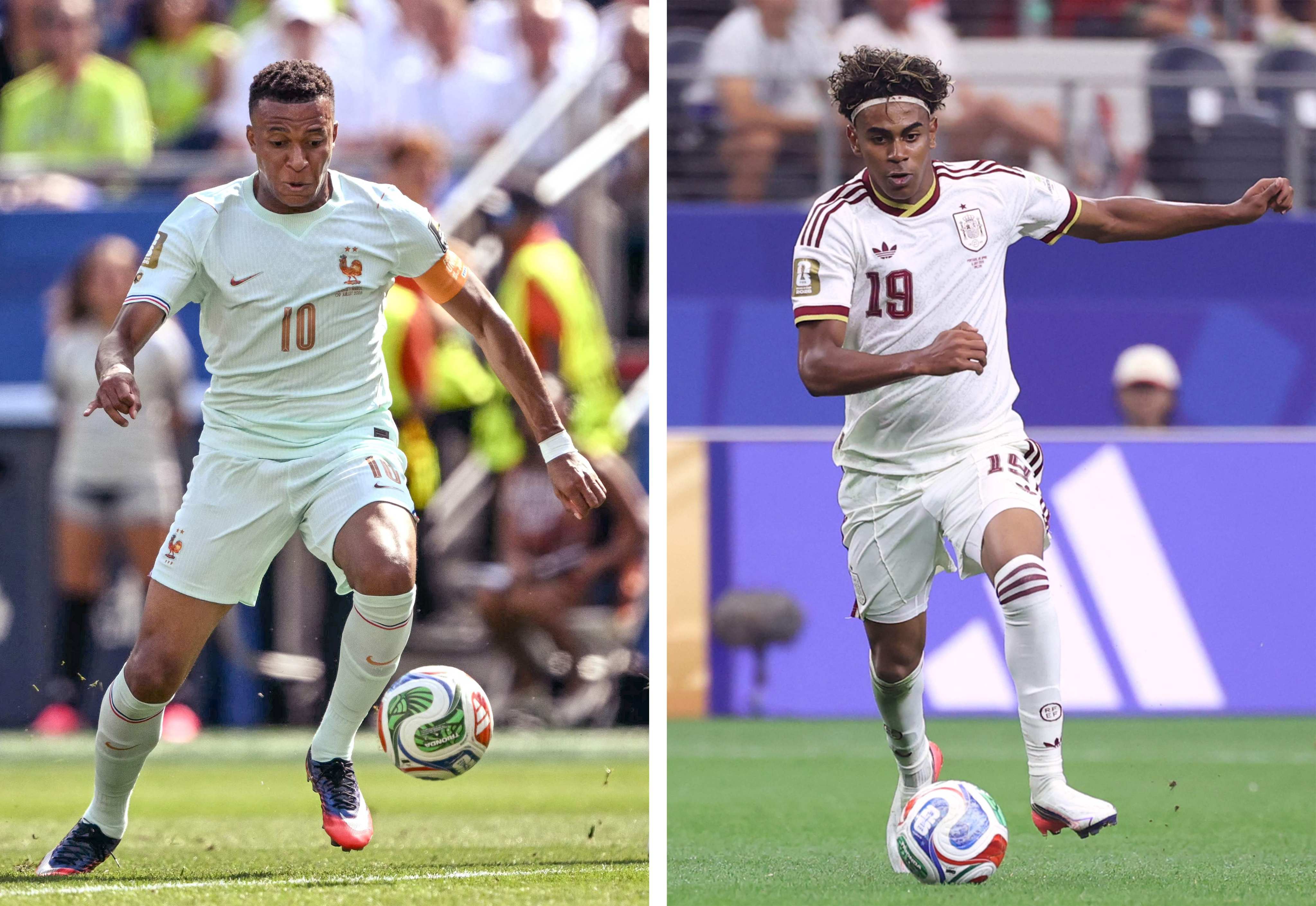 (COMBO) This combination of files photos created on July 12, 2026, shows France’s forward #10 Kylian Mbappe in Foxborough on July 9, 2026 (L); and Spain’s forward #19 Lamine Yamal in Arlington on July 6, 2026. France and Spain will meet in a 2026 World Cup semi-finall football match at the Dallas Stadium in Arlington on July 14, 2026. (Photo by Mauro PIMENTEL and Thomas COEX / AFP)