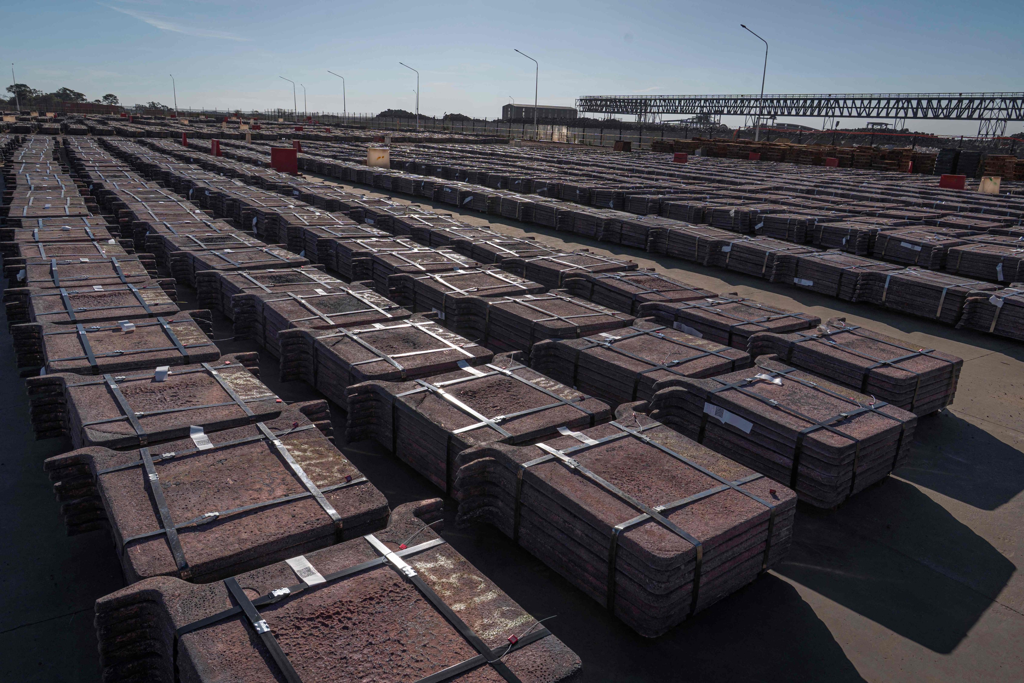 Copper ingots are stacked ready for export at a facility in Kolwezi in the Democratic Republic of the Congo. Photo: AFP