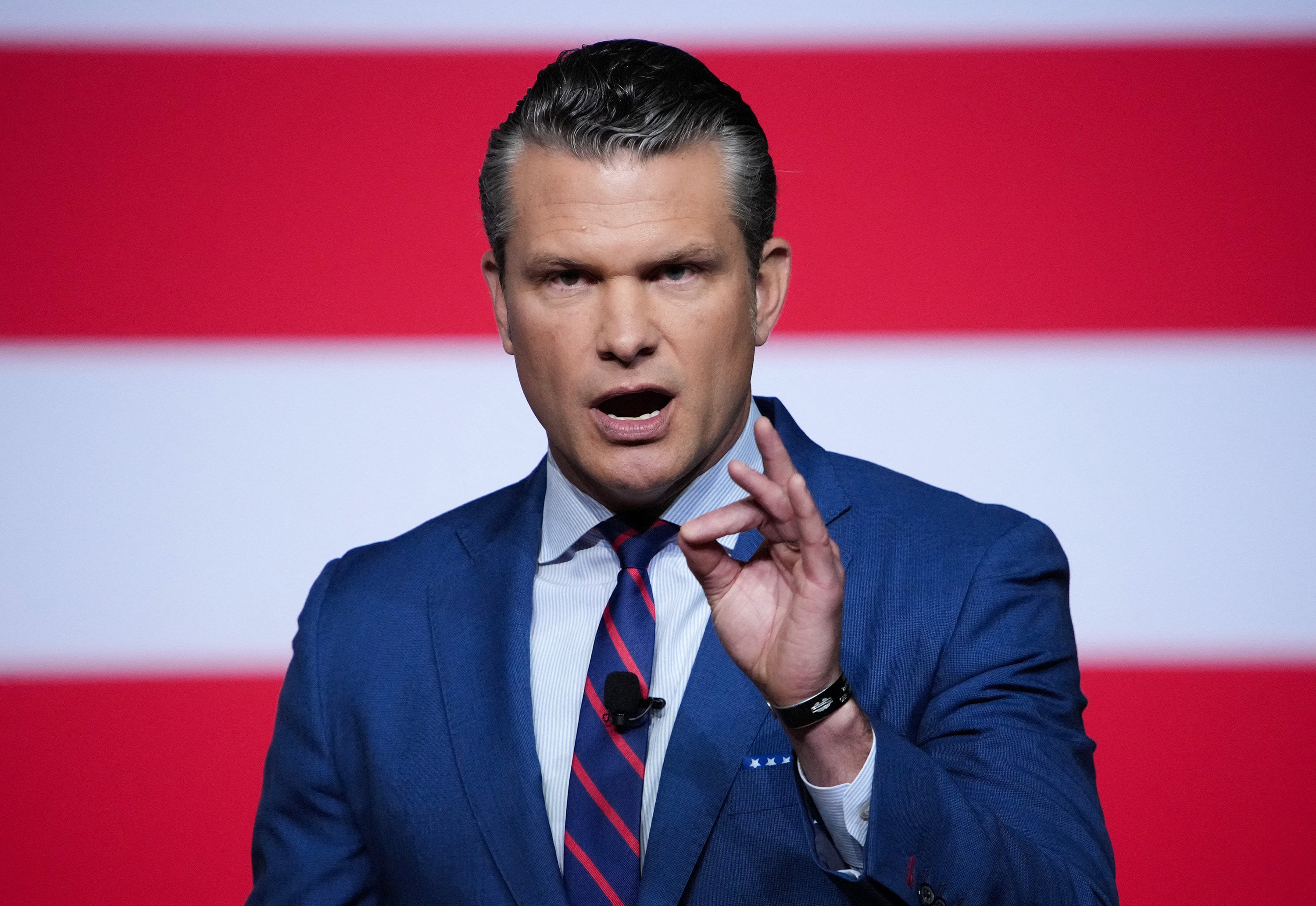 US Secretary of Defence Pete Hegseth addresses senior military officers at Marine Corps Base Quantico in Virginia in September 2025. Photo: TNS