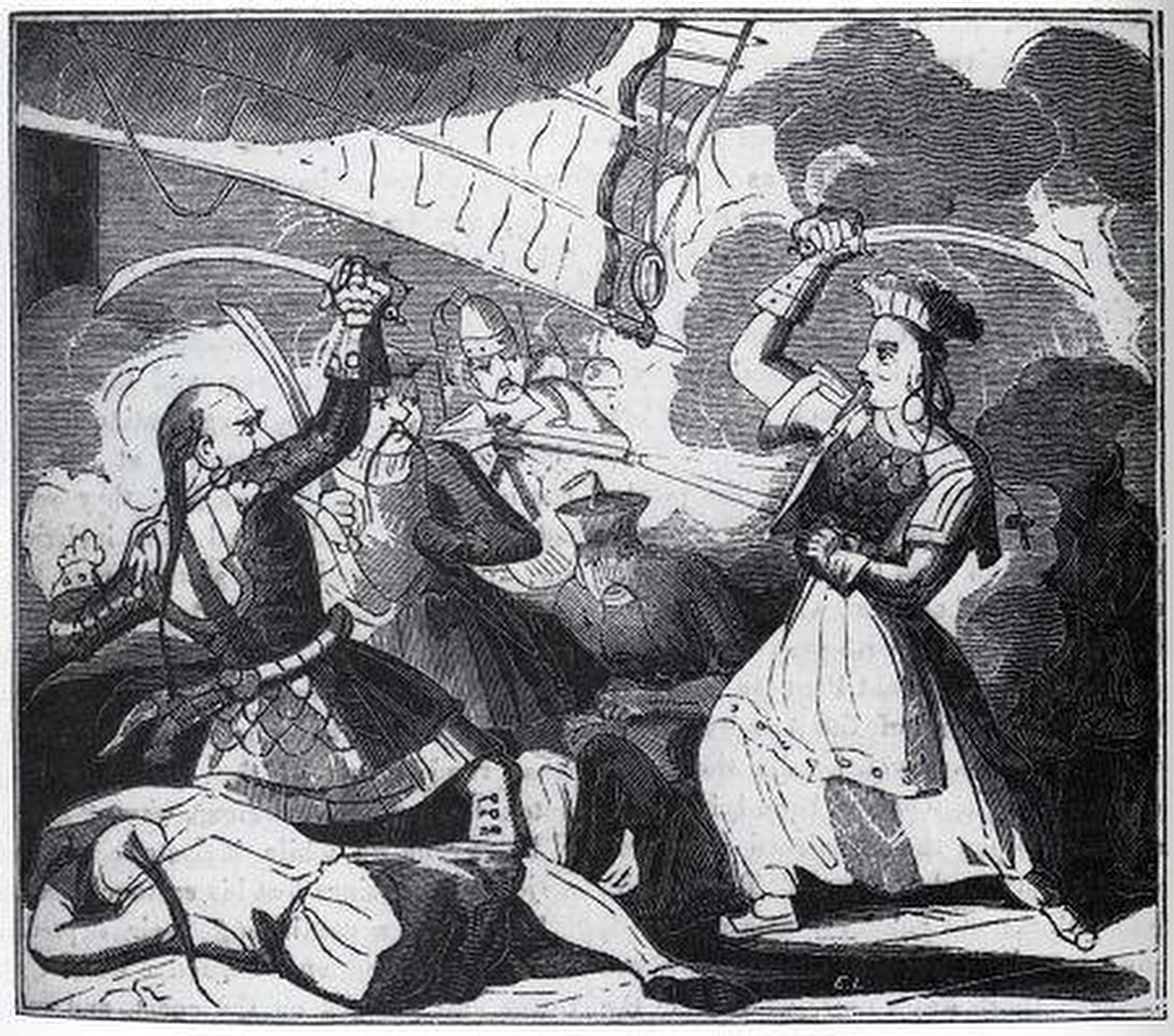 An illustration depicts Ching Shih (right) during a swordfight. Chinese pirate factions were paralysed by infighting in the early 19th century, but Ching and her husband Zheng Yi unified them under a confederation.