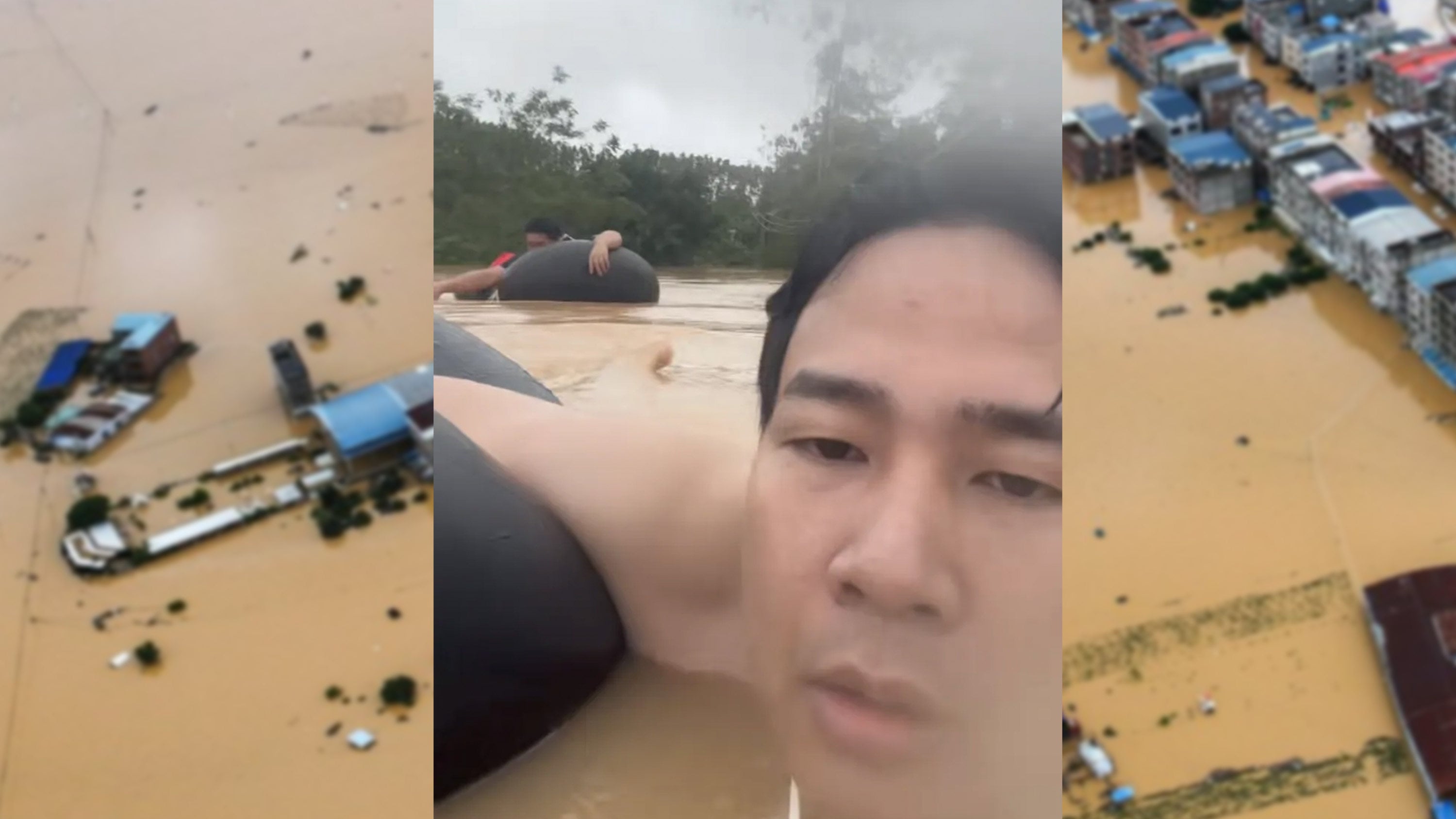 A man in Guangxi, China, braved a three-hour swim using only a tyre to check on his parents during severe village flooding. Photo: SCMP composite/Xinhua/chengdu.cn