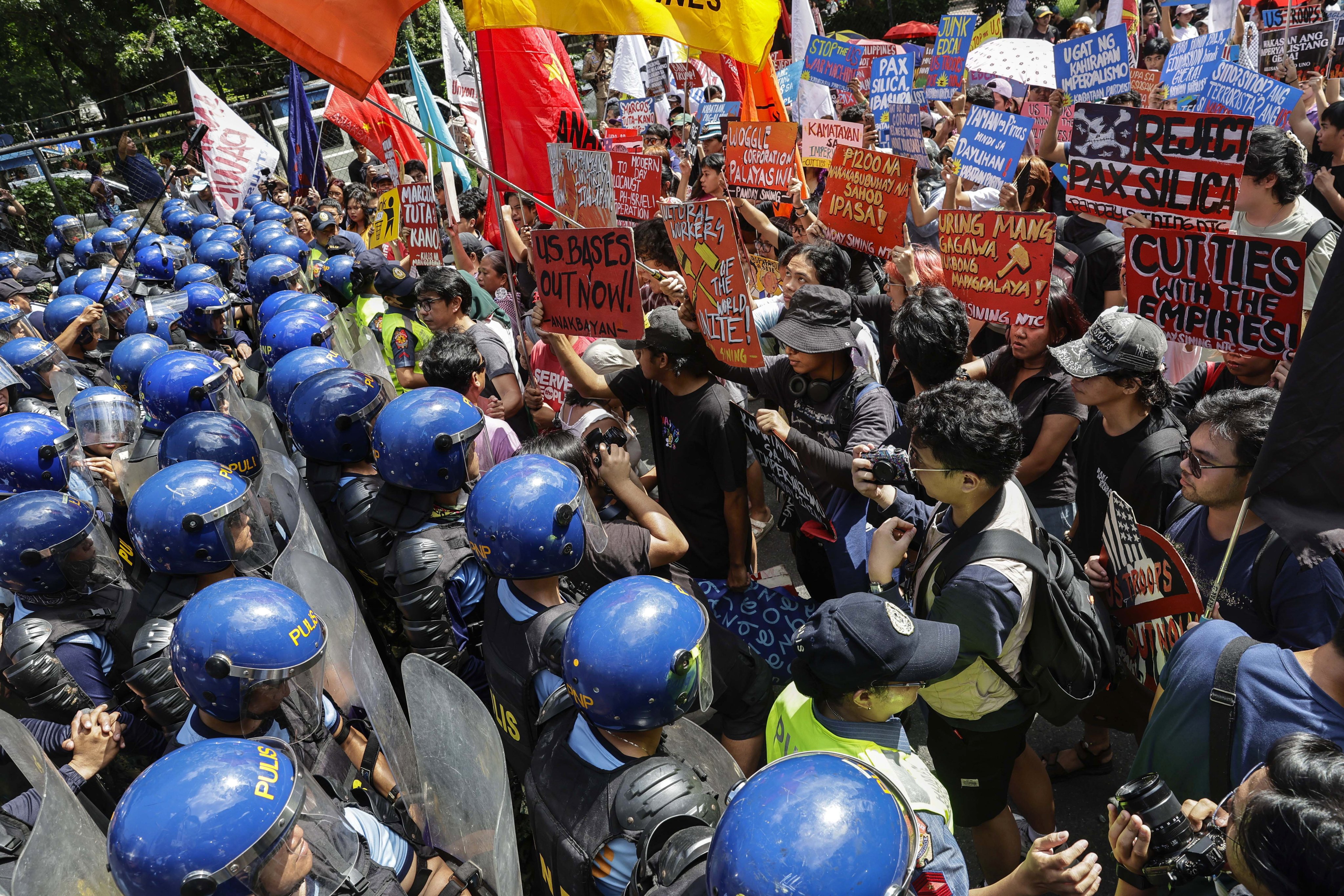 Protesters hold a rally against the US-led Pax Silica  project and defence deals between the US and the Philippines in Manila on July 4. Photo: EPA