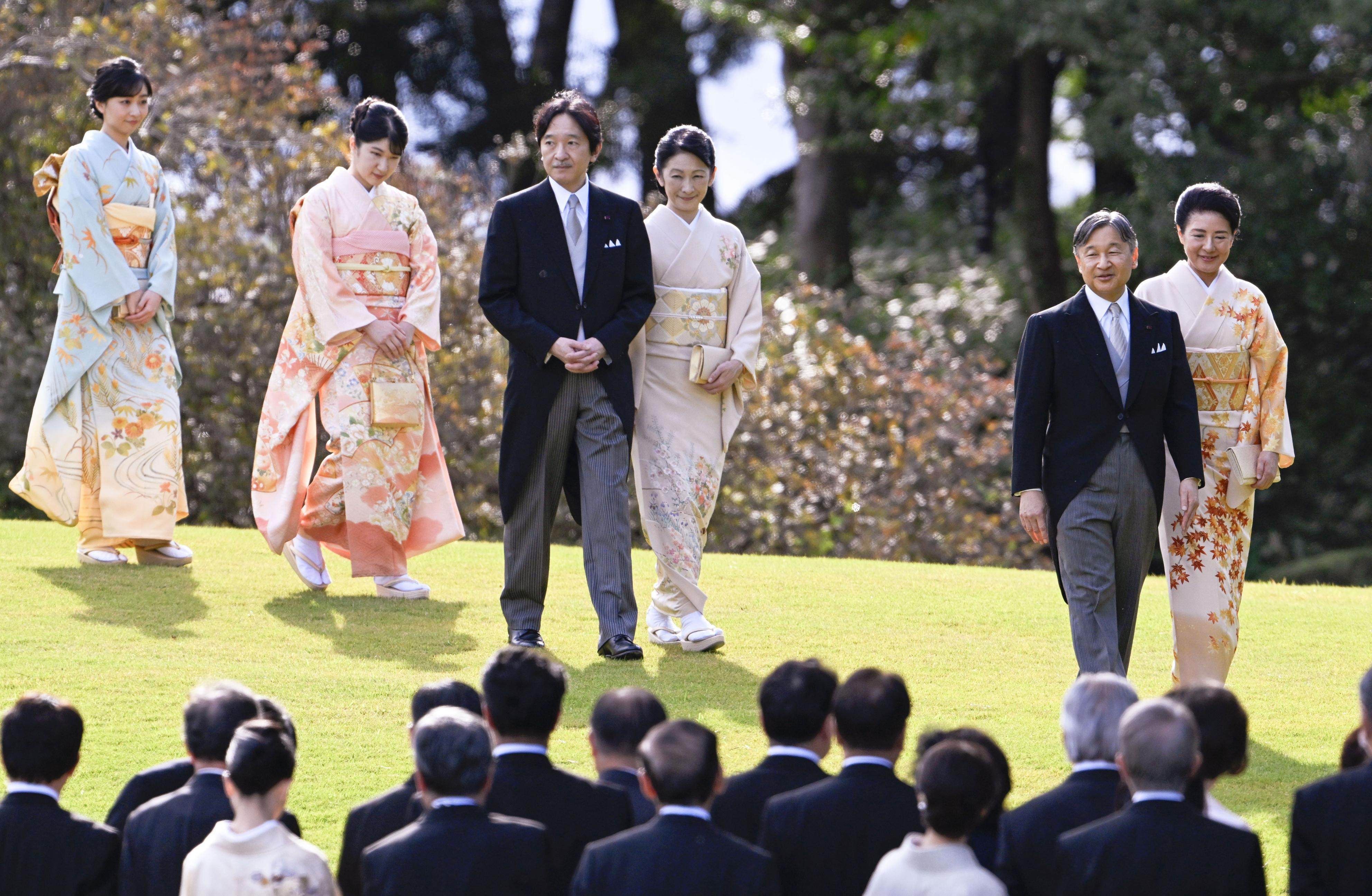 Japanese Emperor Naruhito (second right) and other imperial family members attend an event at the Akasaka Imperial Gardens in Tokyo in 2024. Photo: Kyodo
