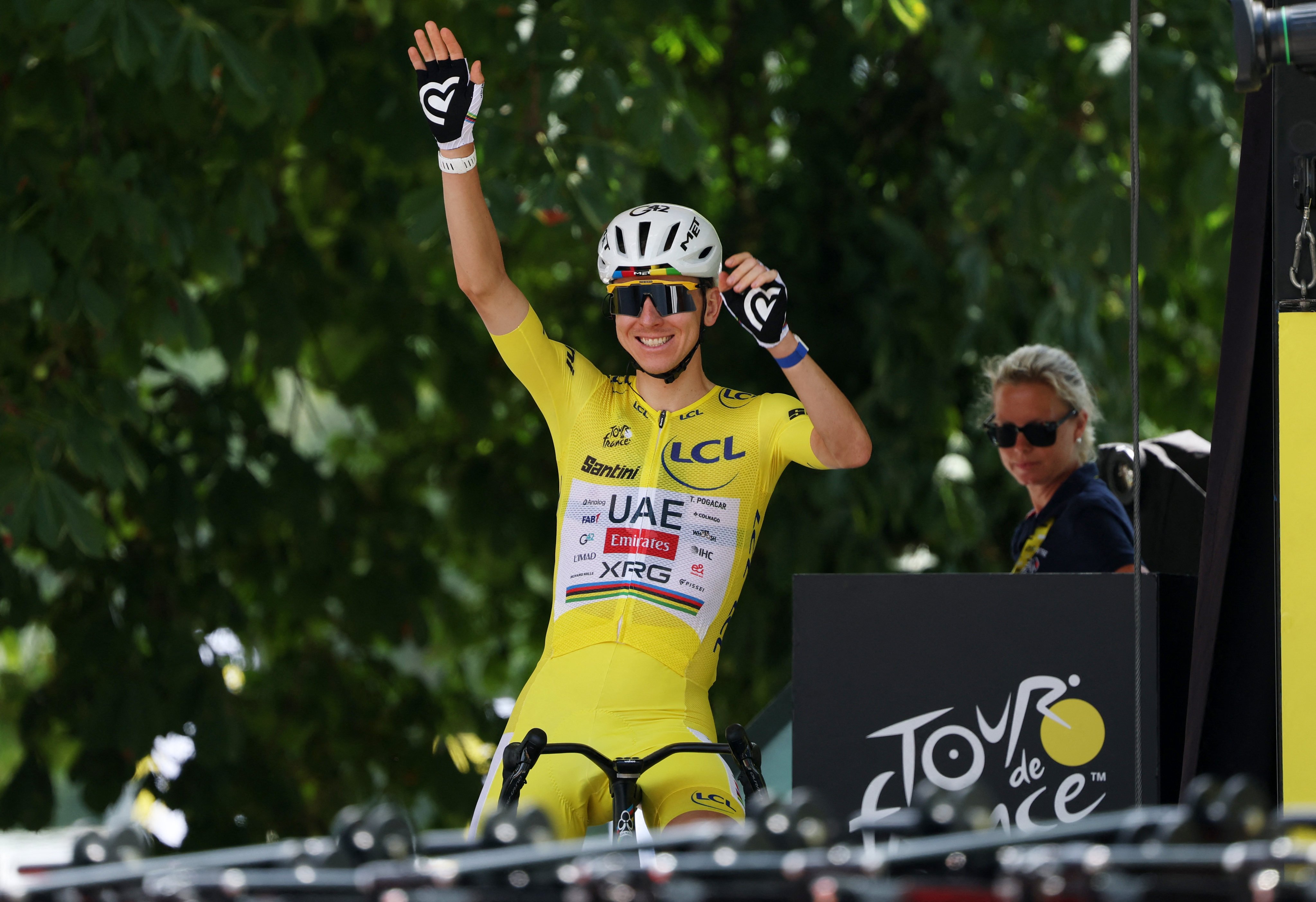 Tadej Pogacar of the UAE Emirates-XRG team at the start of stage 13 of the Tour de France on Friday. Photo: Reuters