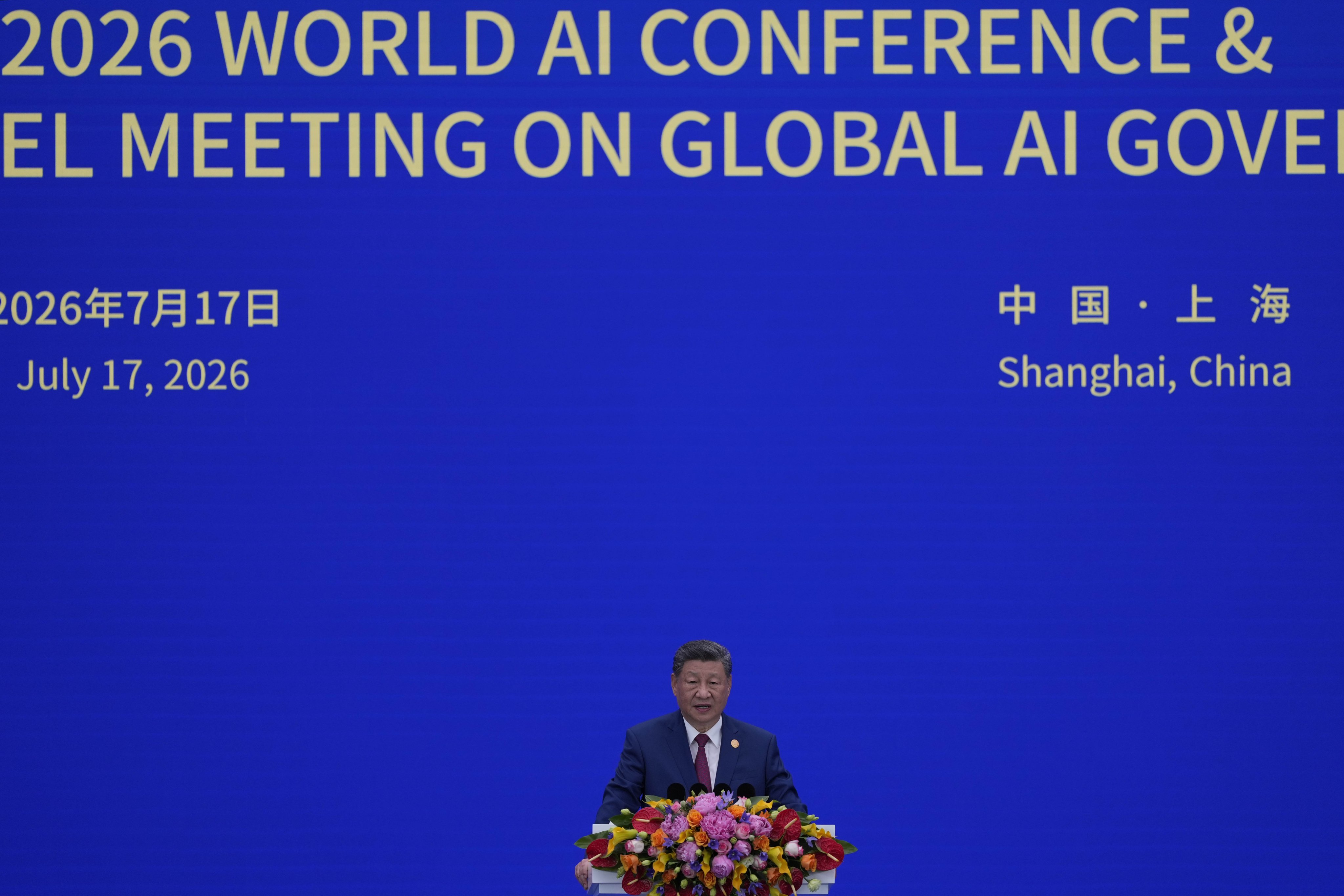 Chinese President Xi Jinping speaks at the opening ceremony for the World AI Conference in Shanghai on Friday. Photo: EPA