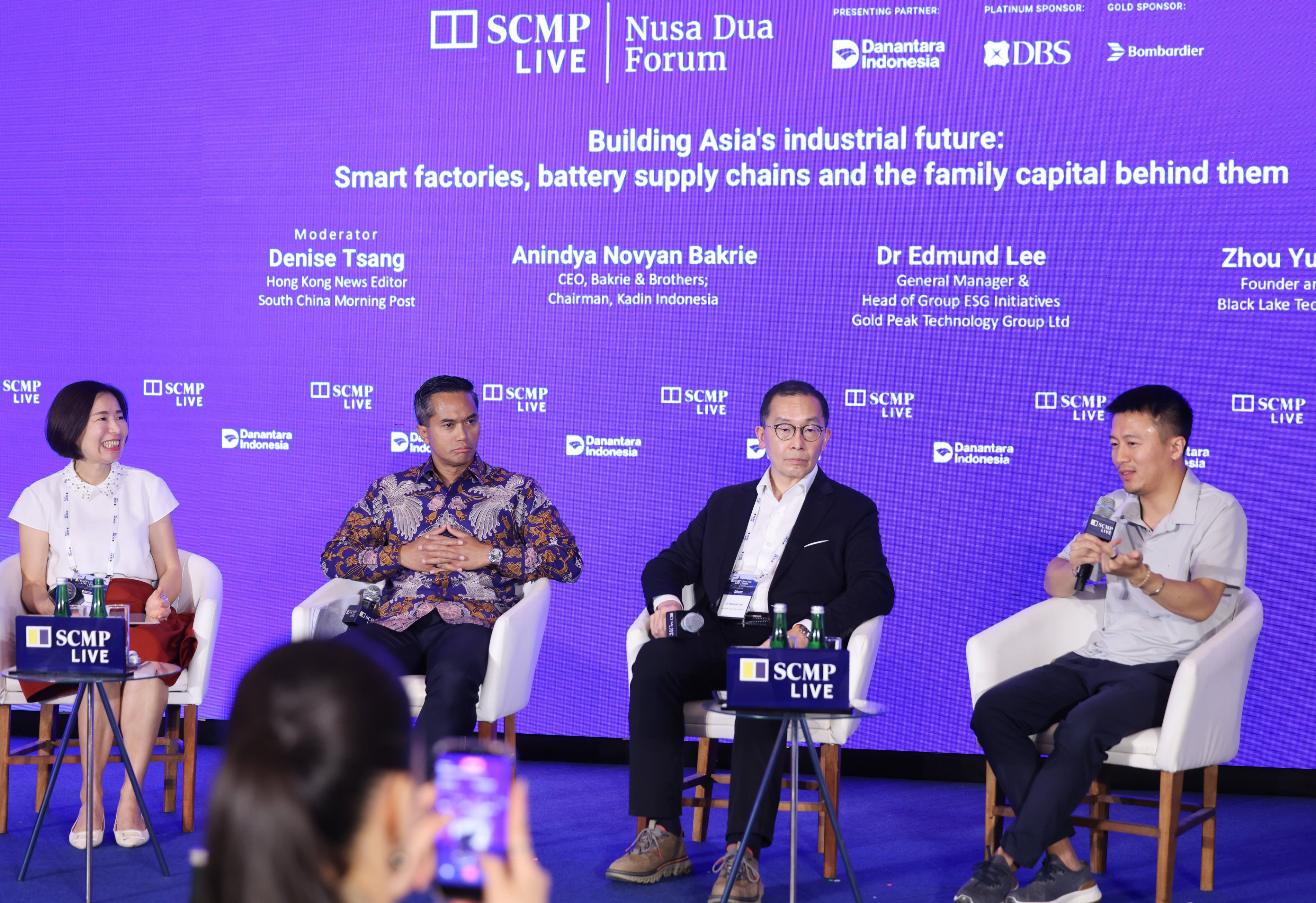 (From left) SCMP Hong Kong news editor Denise Tsang; Anindya Novyan Bakrie, CEO of Bakrie & Brothers and chairman of Kadin Indonesia; Edmund Lee, general manager of Gold Peak Technology; and Zhou Yuxiang, founder and CEO of Black Lake Technologies. Photo: Nora Tam