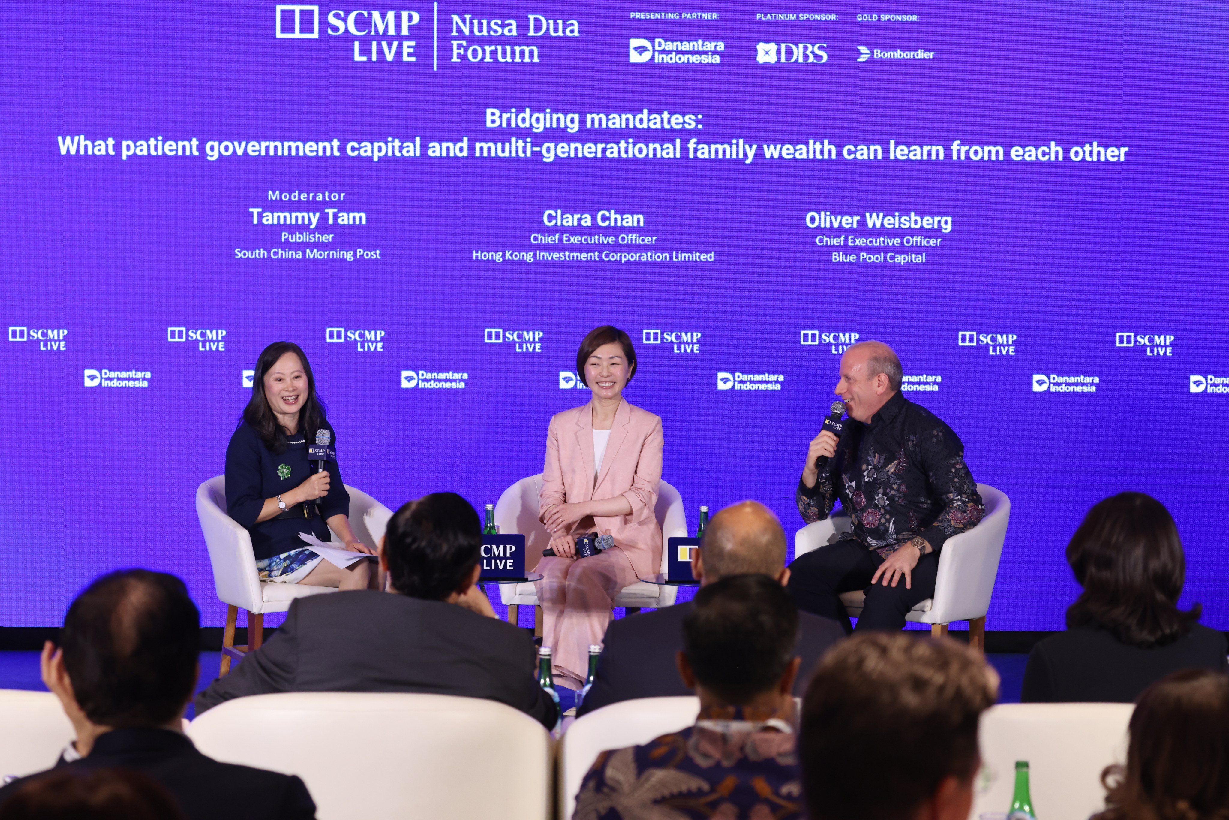 SCMP publisher Tam (left), HKIC chief Clara Chan and Blue Pool CEO Oliver Weisberg. Photo: Nora Tam