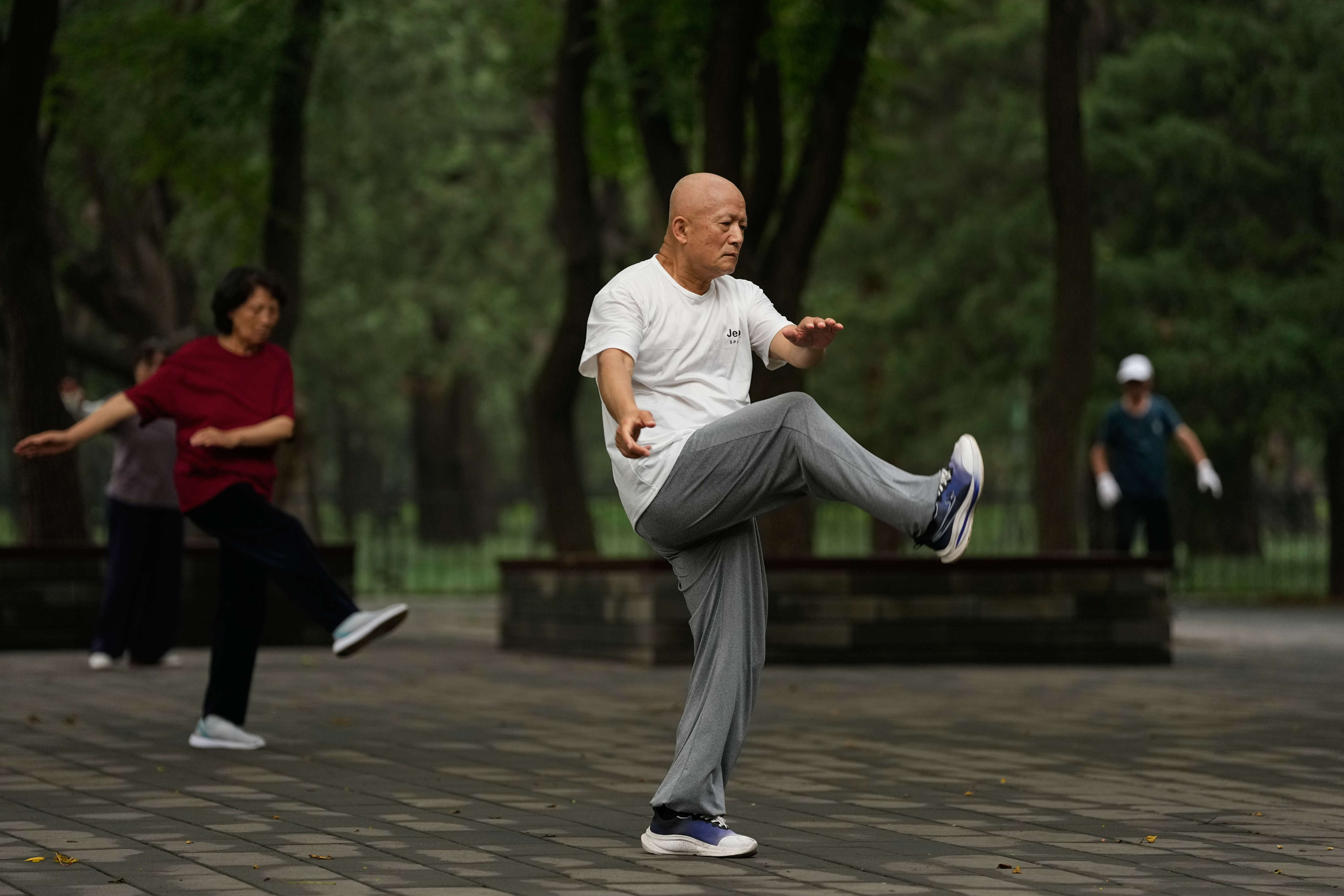 People practice tai chi in a park near the Temple of Heaven in Beijing, China. Photo: AP Photo/Andy Wong