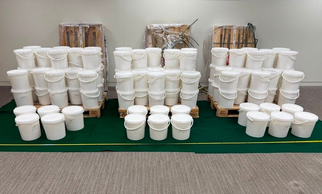 The pails seized by Hong Kong customs earlier this week containing the suspected ketamine. Photo: Handout