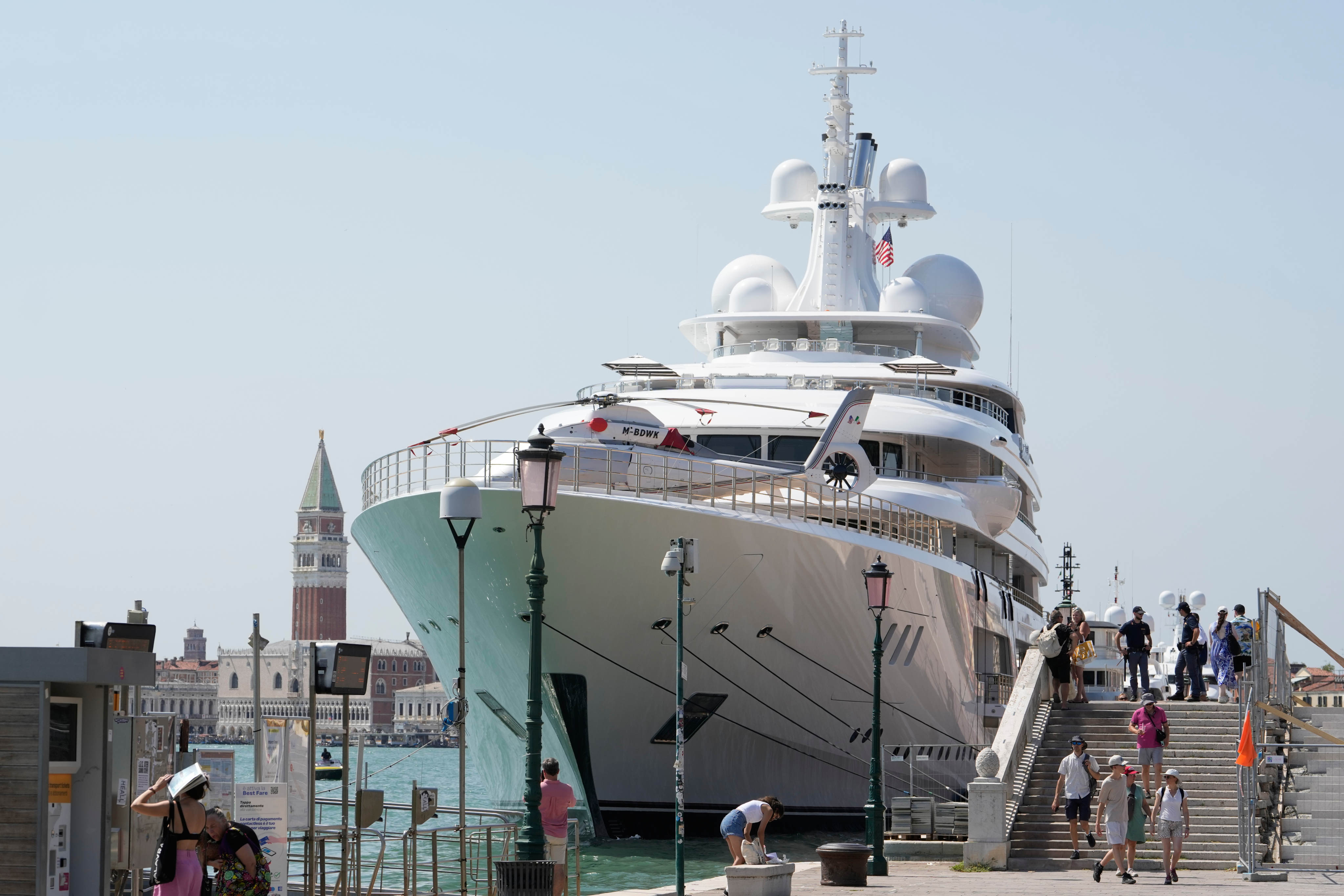 US Ambassador Tilman Fertitta’s superyacht is docked in Venice on Friday. Photo: AP