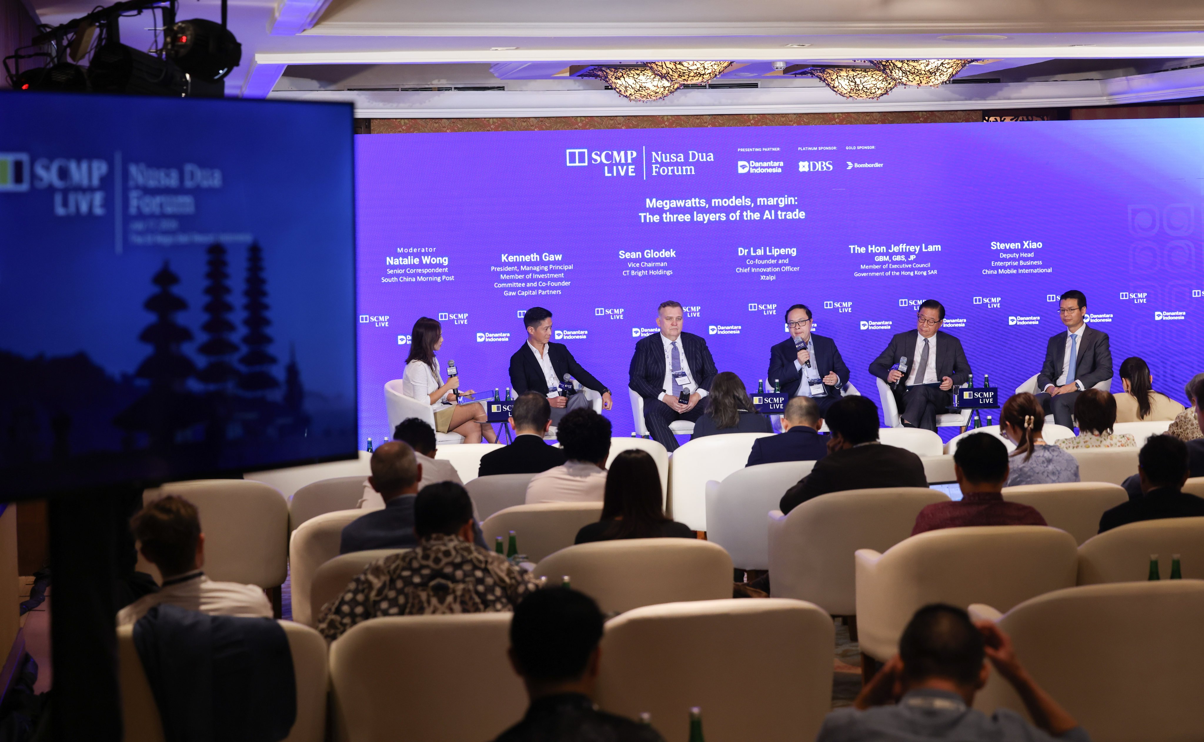 (From left) SCMP senior correspondent Natalie Wong; Kenneth Gaw, managing principal of Gaw Capital Partners; Sean Glodek, vice-chairman of CT Bright Holdings; Lai Lipeng, co-founder and chief innovation oﬃcer of Xtalpi; Executive Council member Jeffrey Lam; and Steven Xiao, deputy head of enterprise business of China Mobile International. Photo: Nora Tam
