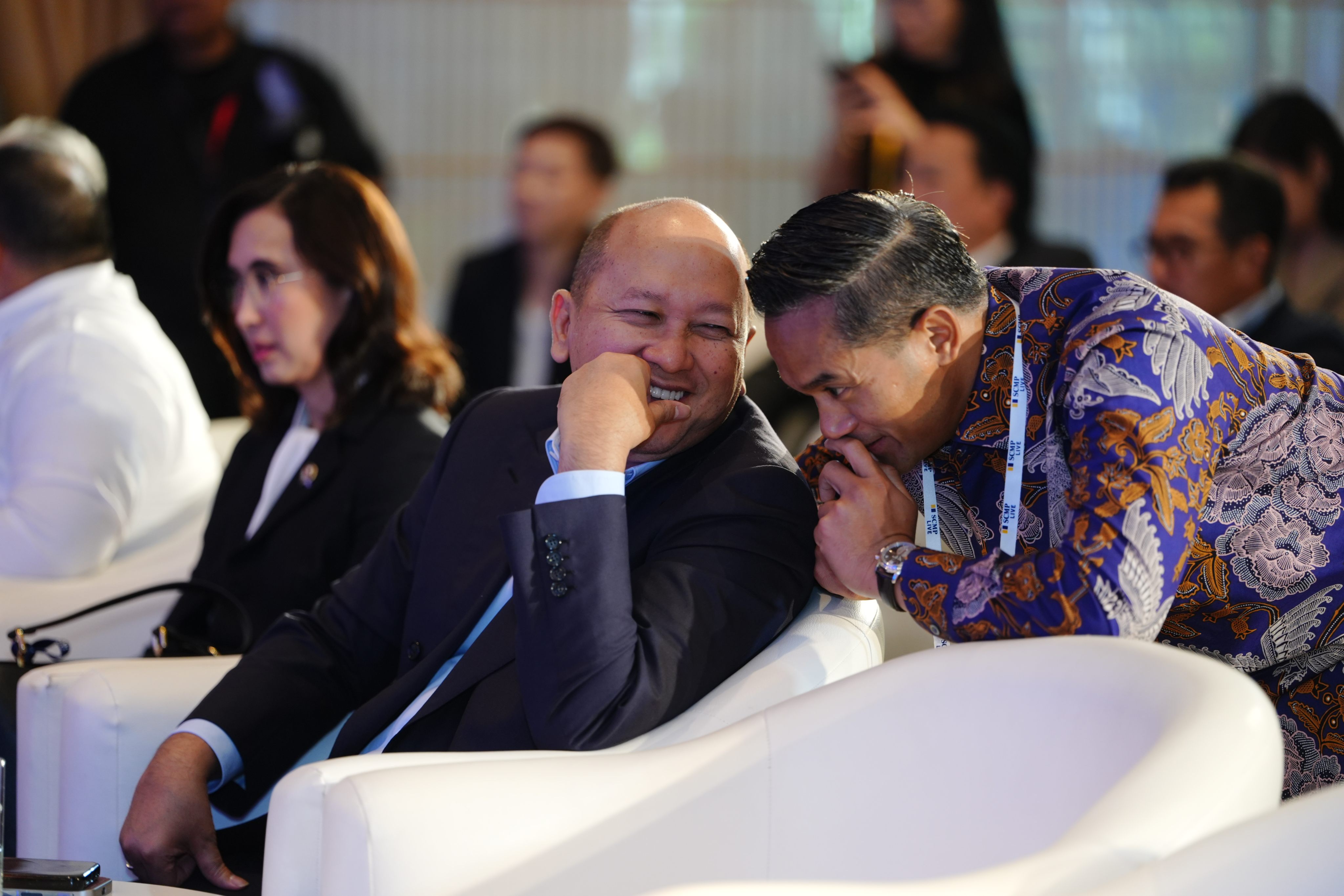 (From left) Rosan Perkasa Roeslani, CEO, Danantara Indonesia and Anindya Novyan Bakrie, CEO and president director, Bakrie & Brothers, interact at the Nusa Dua Forum in Bali on Friday. Photo: SCMP