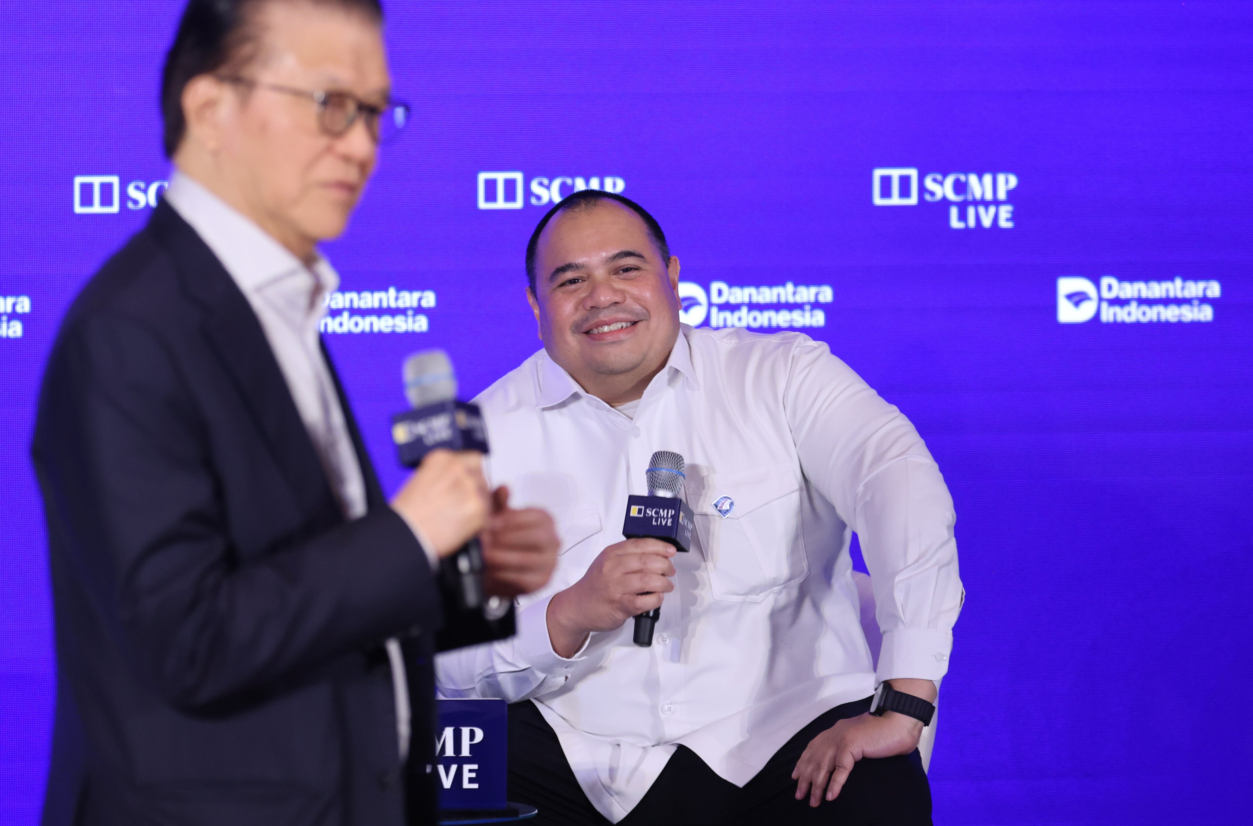 Pandu Sjahrir (right), chief investment officer, Danantara Indonesia and James Riady (left), founder and chairman of Pendidikan Pelita Harapan Foundation and coordinating vice chairman for foreign affairs, KADIN Indonesia, speaking at the Nusa Dua Forum in Bali on Friday. Photo: Nora Tam