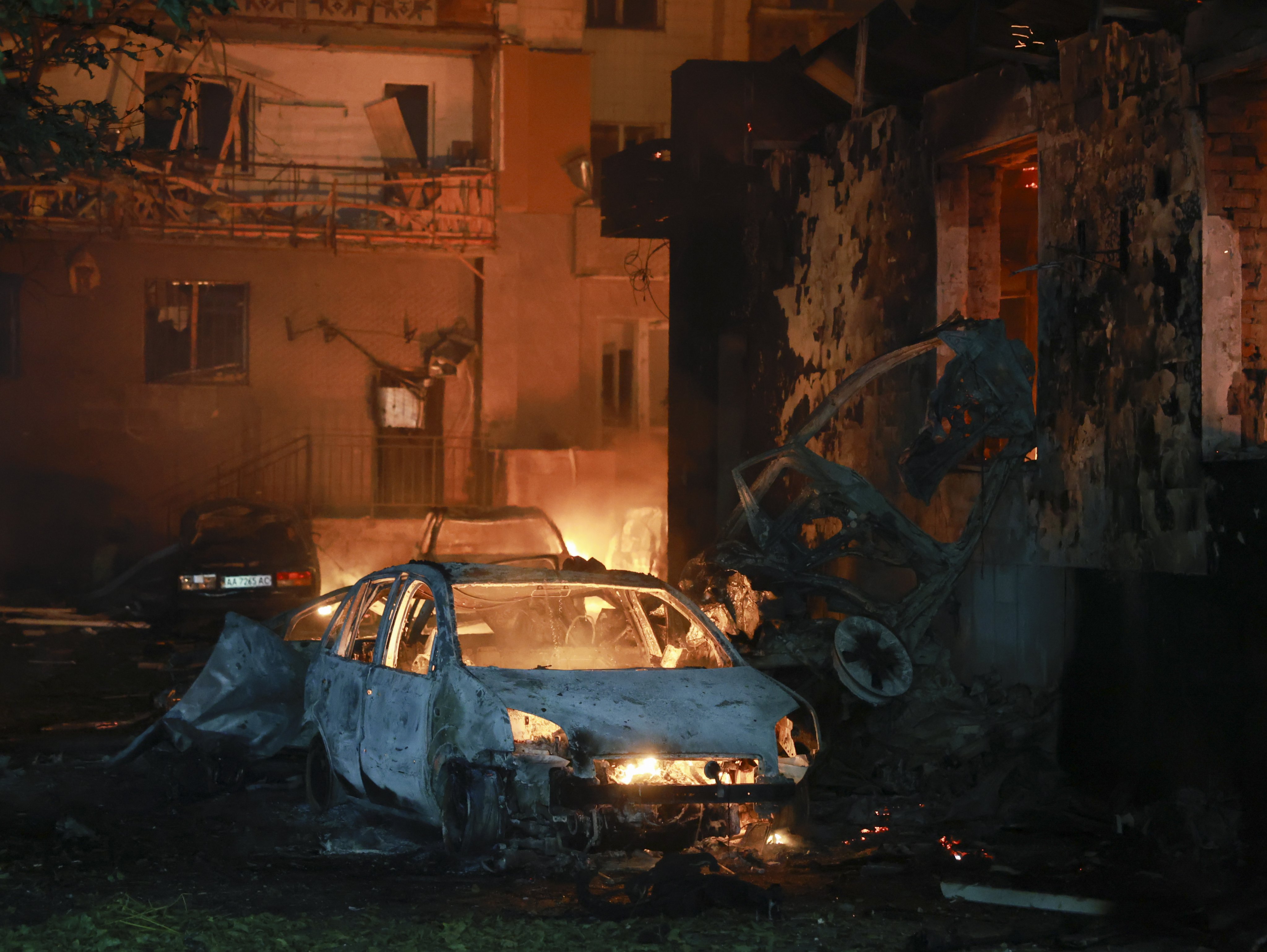The site of a Russian missile strike on a residential area in Kyiv, Ukraine, on Sunday. Photo: EPA-EFE