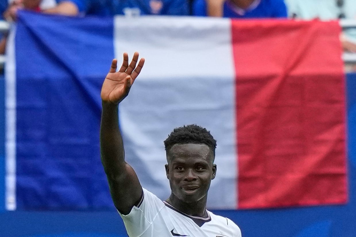 England’s Bukayo Saka celebrates putting his side 4-0 up on the stroke of half-time. Photo: AP