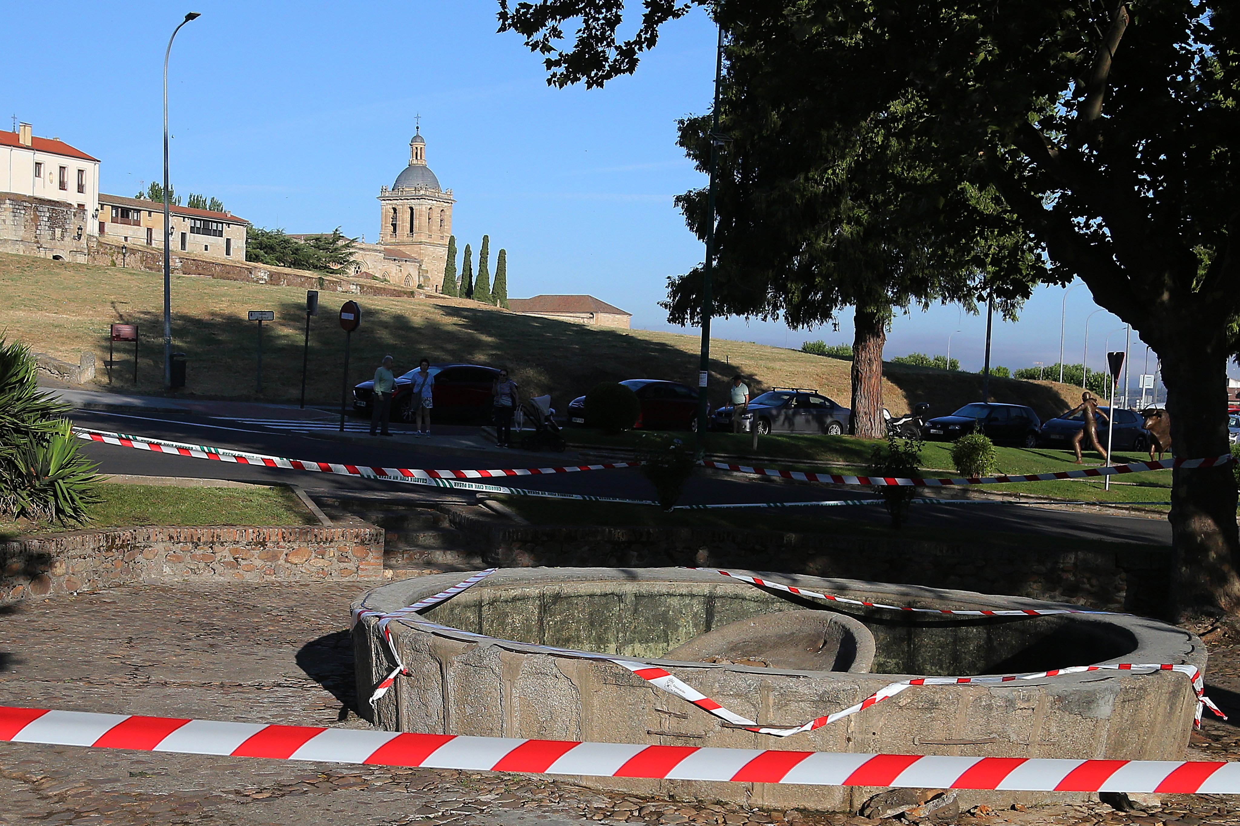 A fountain in Ciudad Rodrigo, Spain’s Salamanca province, is cordoned off on Monday after it collapsed during World Cup celebrations. Photo: EPA