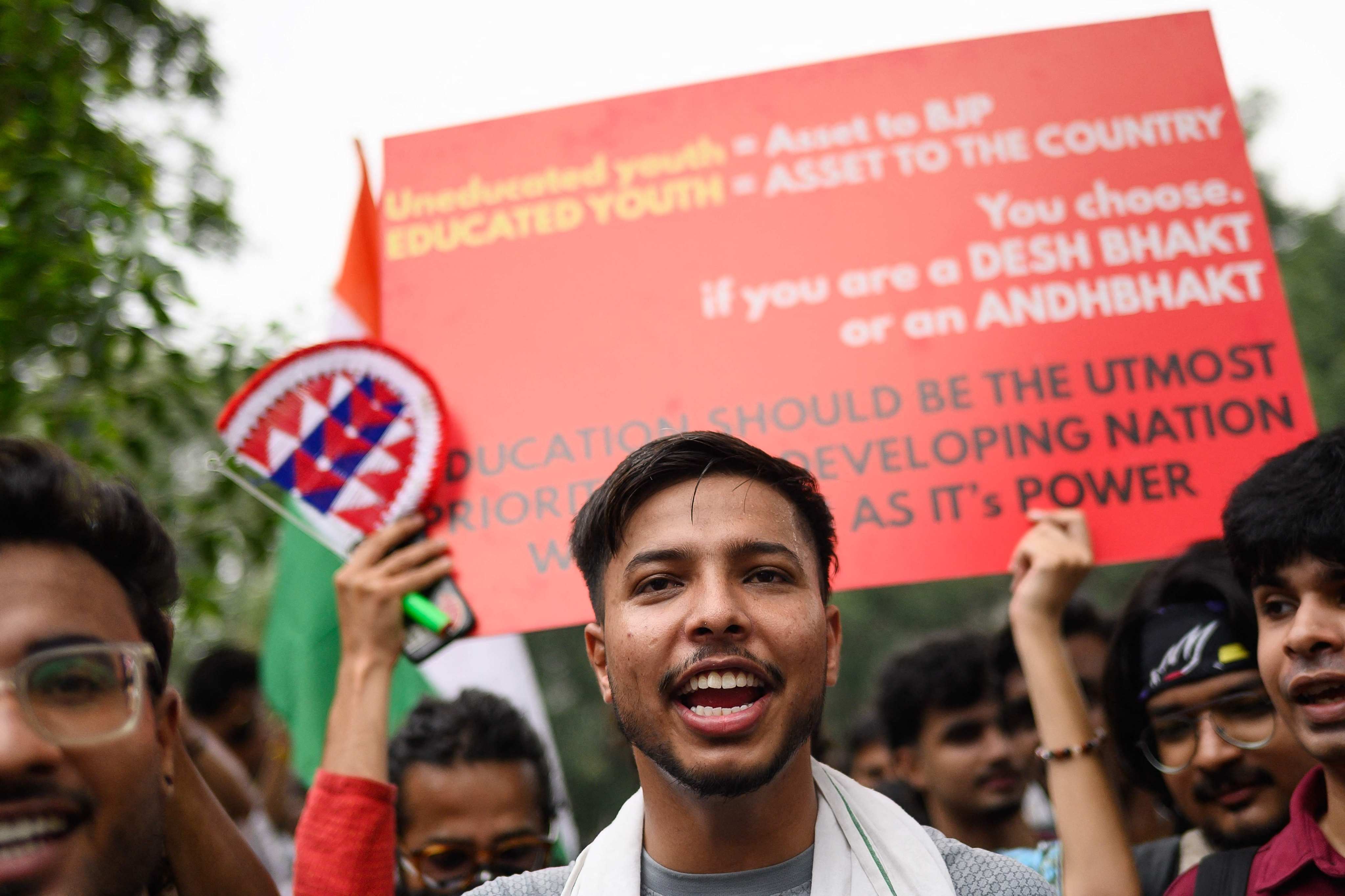 CJP supporters take part in a protest demanding the resignation of India’s Education Minister Dharmendra Pradhan on Monday. Photo: AFP